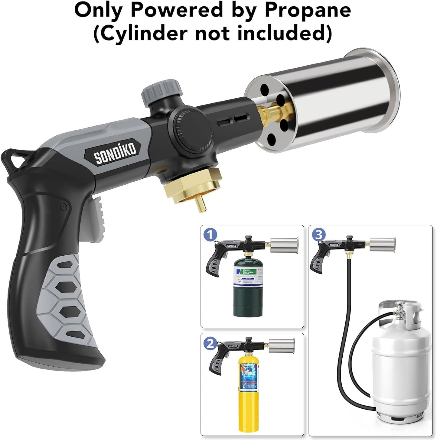 Sondiko Powerful Grill & Cooking Propane Torch L8010, Sous Vide, Welding Torch, Adjustable Wood Torch Burner for Searing Steak, BBQ, Campfire Starter(Black, Grey) Propane Tank Not Included