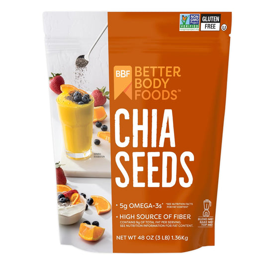 BetterBody Foods Chia Seeds 3 lbs, 48 Oz, with Omega-3, Non-GMO, Gluten Free, Keto Diet Friendly, Vegan, Good Source of Fiber, Add to Smoothies