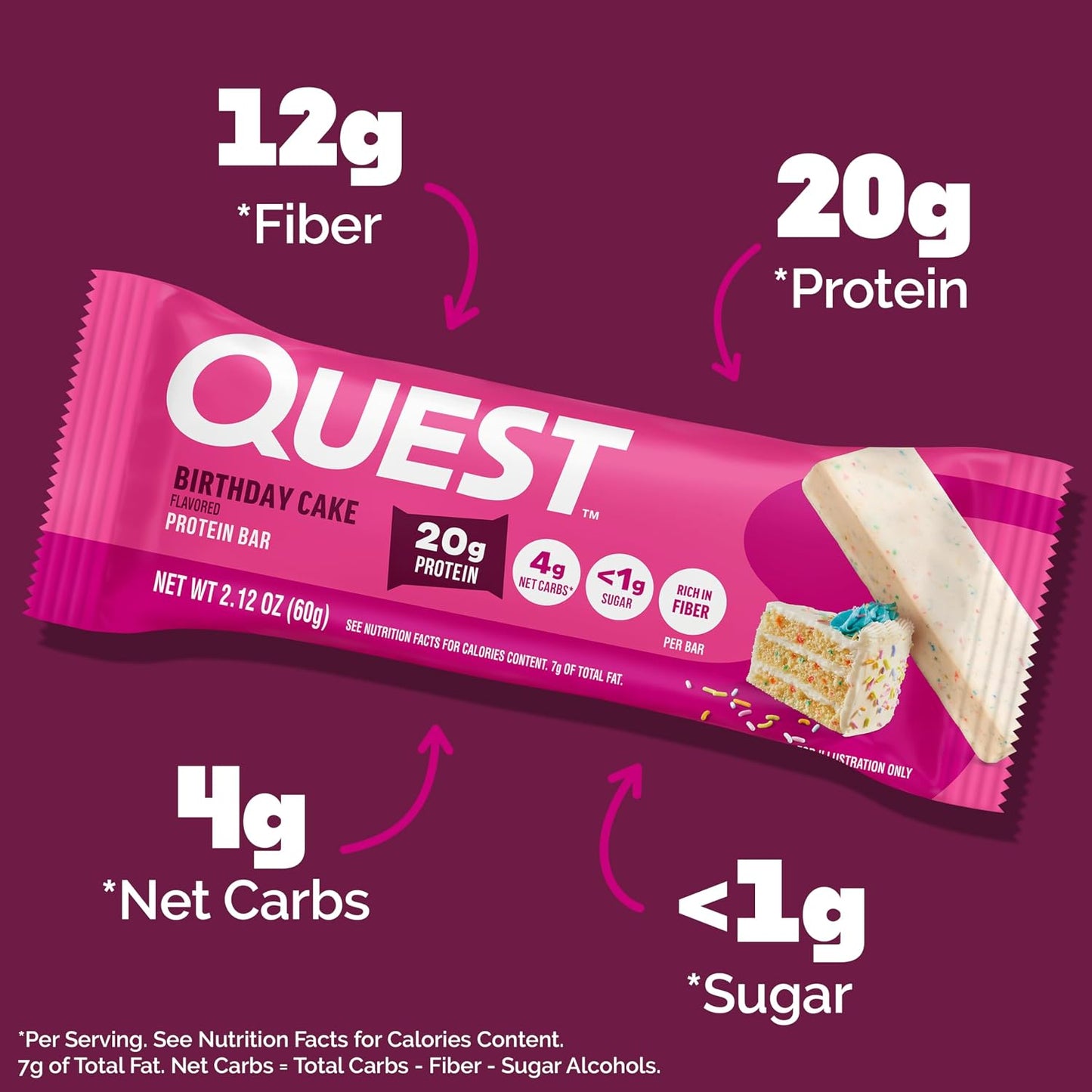 Quest Nutrition Birthday Cake Protein Bars, 20g Protein, 4g net Carbs, Gluten Free, Keto Friendly, 4 Count