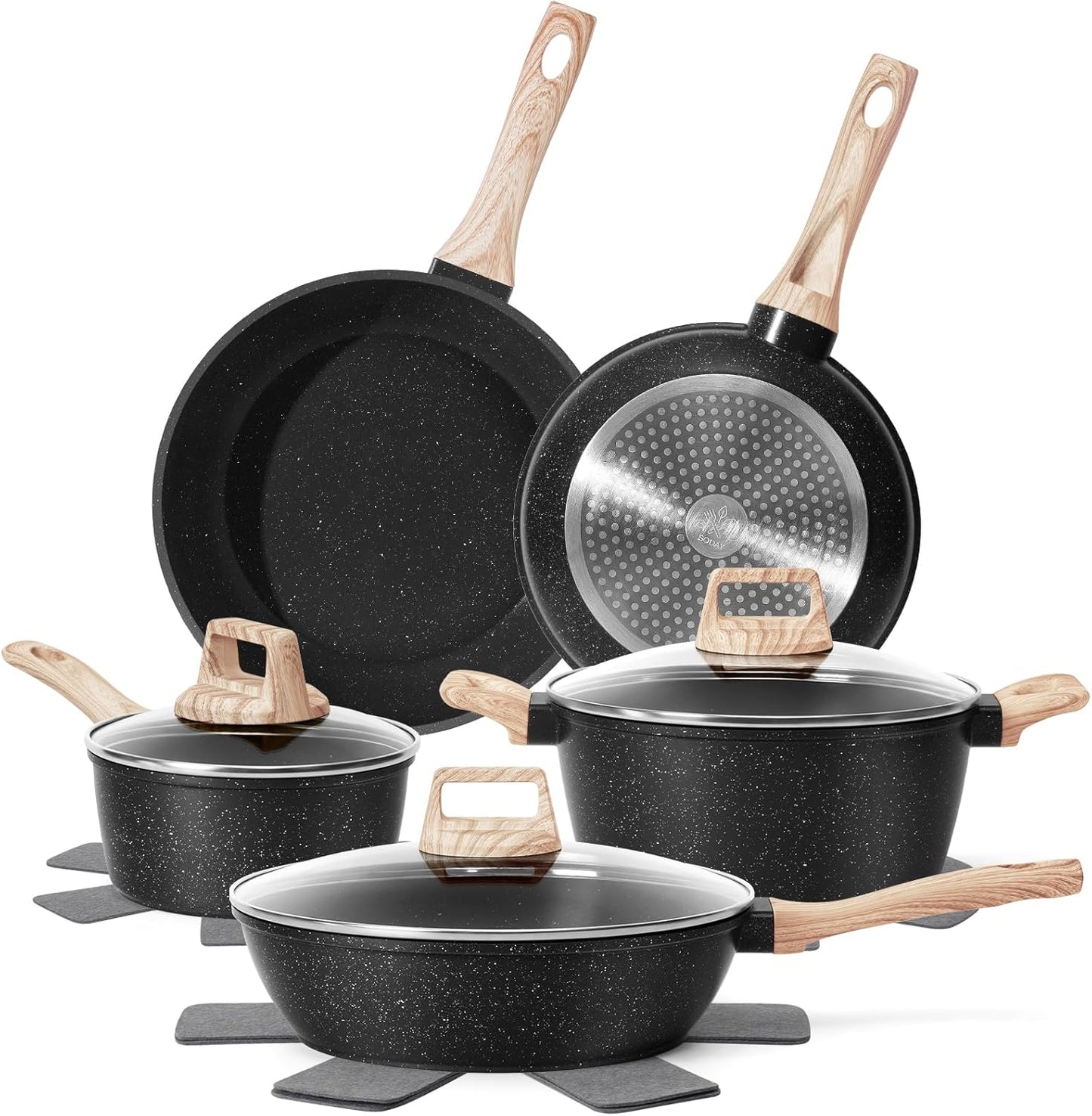 SODAY Pots and Pans Set Non Stick, 12Pcs Black Granite Induction Cookware | PFAS/PFOA/PFOS Free, Healthy Nonstick Kitchen Cookware Sets, Includes Fry Pans & Saucepans.
