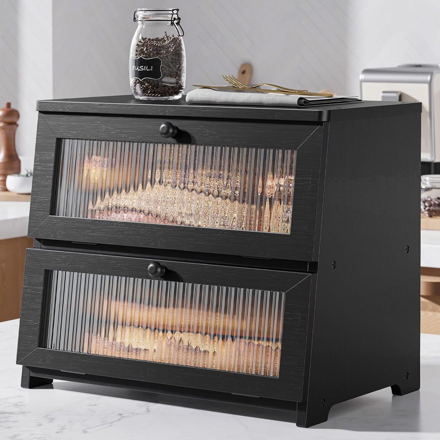 Kitsure Wooden Bread Box for Kitchen Countertop, 1-Tier, Black | Large Capacity Kitchen Countertop Organizer, Stylish Bread Storage with Window, Multi-functional Container