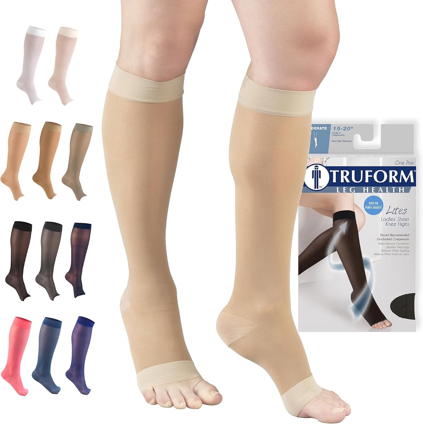 Truform 15-20 mmHg Women's Knee High Compression Stockings, Open Toe, Medium