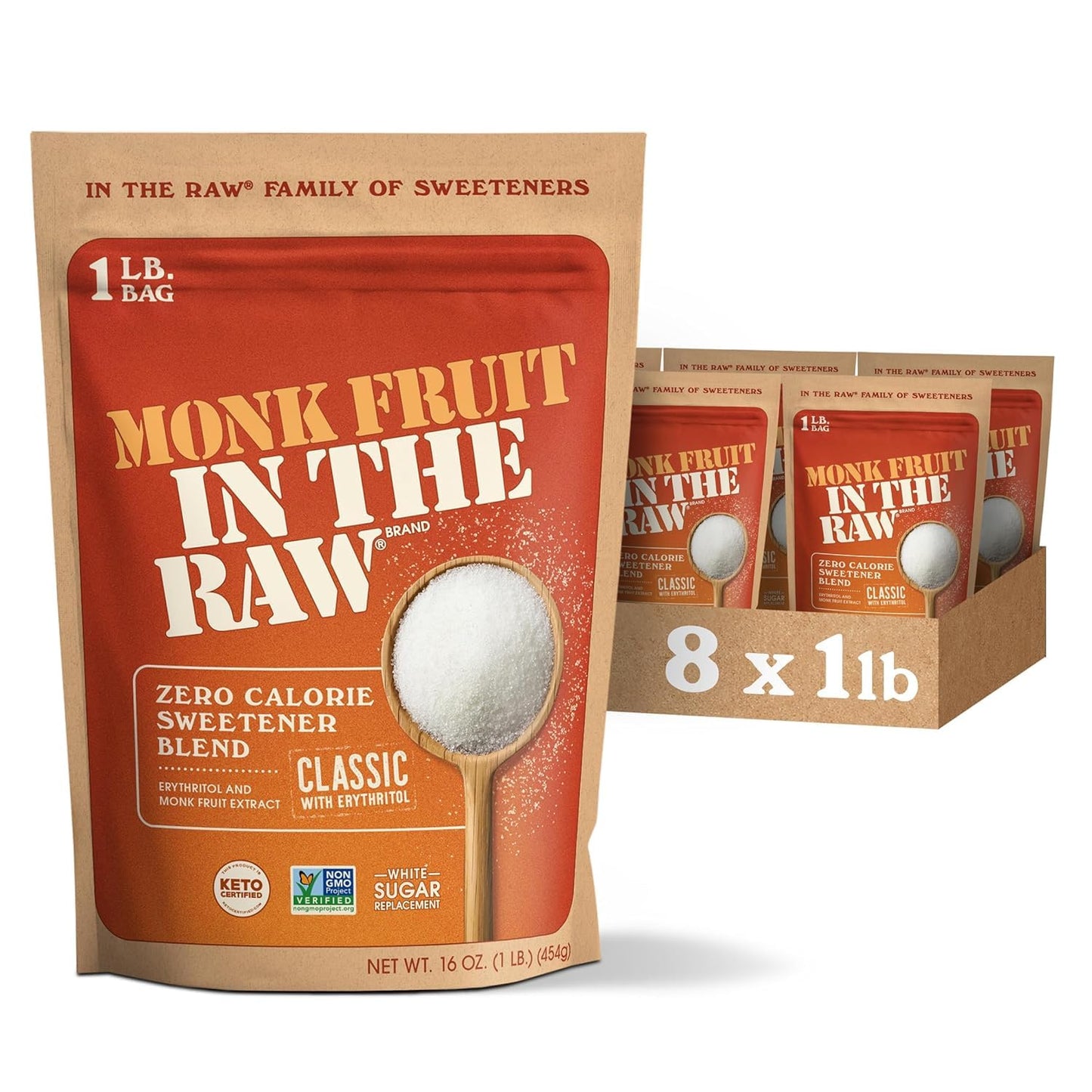 Monk Fruit In The Raw Sweetener 16 oz Baker's Bag Keto Certified Zero Calorie Zero Net Carbs Non GMO Project Verified