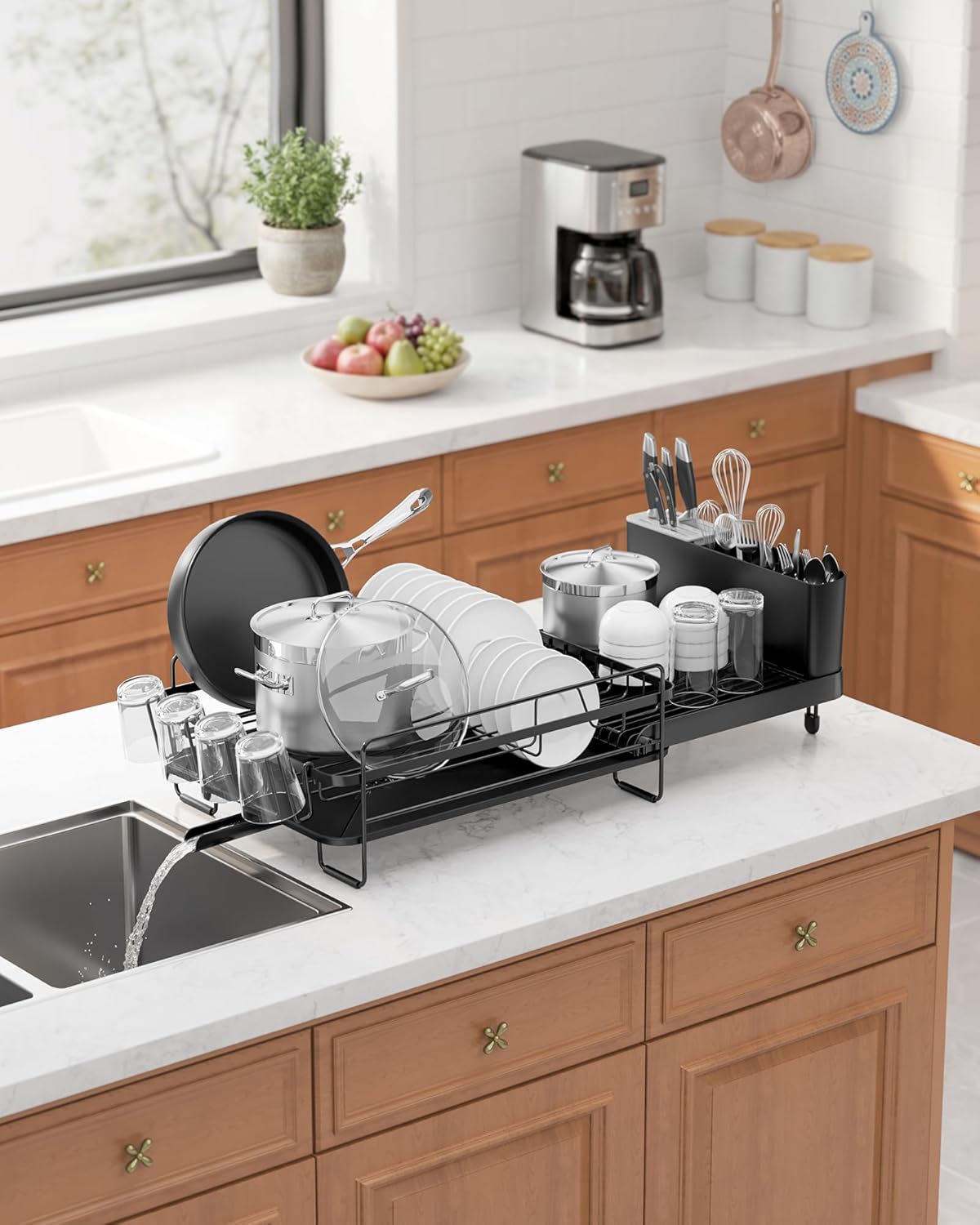 Kitsure Extendable Dish Drying Rack, 19.2"-26.7" L x 12.9" W, Black | Large Dish Rack, Multifunctional Dish Rack for Kitchen Counter, Anti-Rust Dish Drainers with Cutlery & Cup Holders