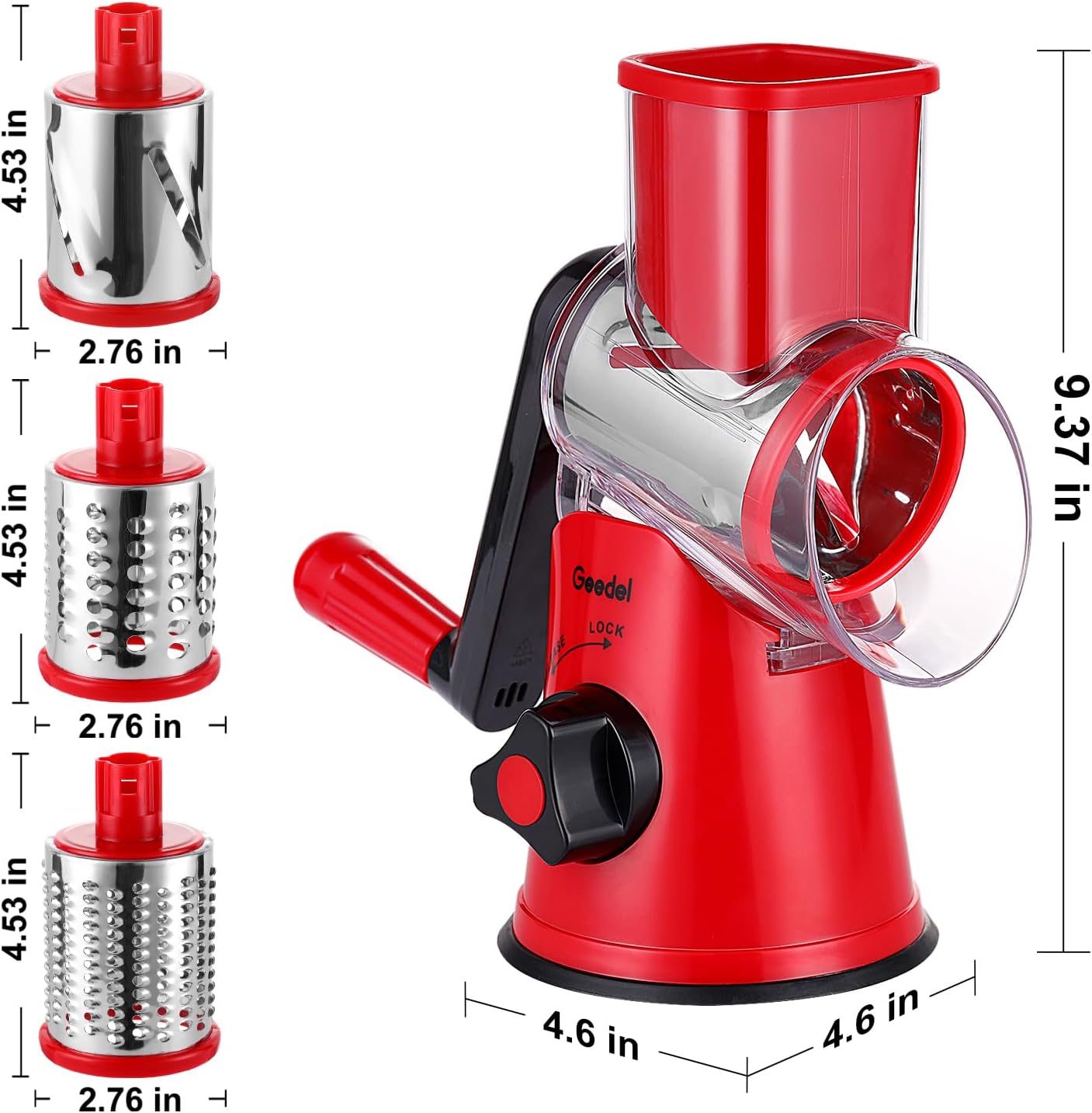 Geedel Rotary Cheese Grater Hand Crank, Cheese Shredder Vegetable Slicer | 3 Blades, 430 Stainless Steel, 12x Fast Cutting, Strong Suction Base, No BPA, Dishwasher Safe, for Cheese, Veggie, Nut