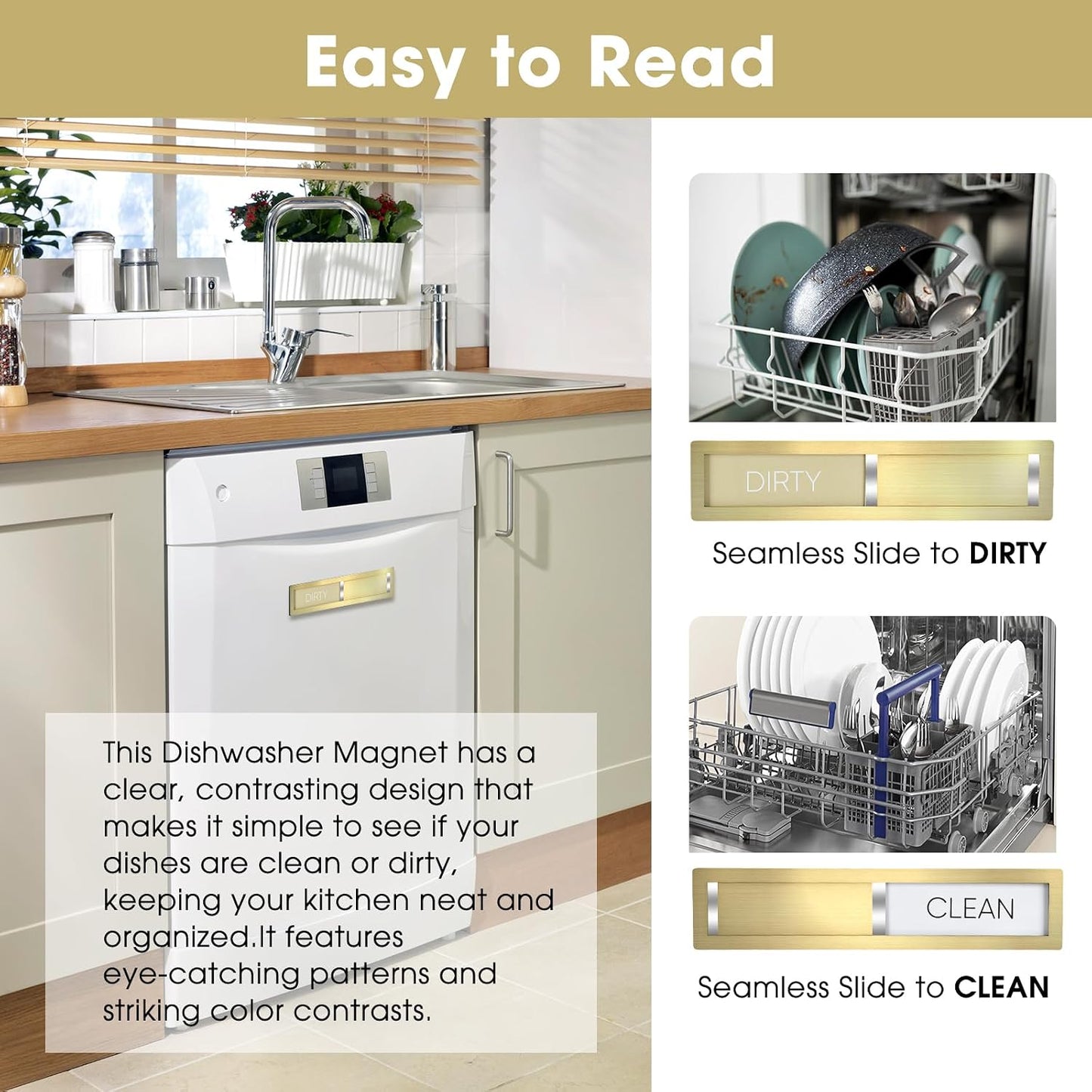 Clean Dirty Magnet for Dishwasher, Champagne Gold | Premium 304 Stainless Steel, Sleek Gold Finish Blends Seamlessly With Modern Appliances