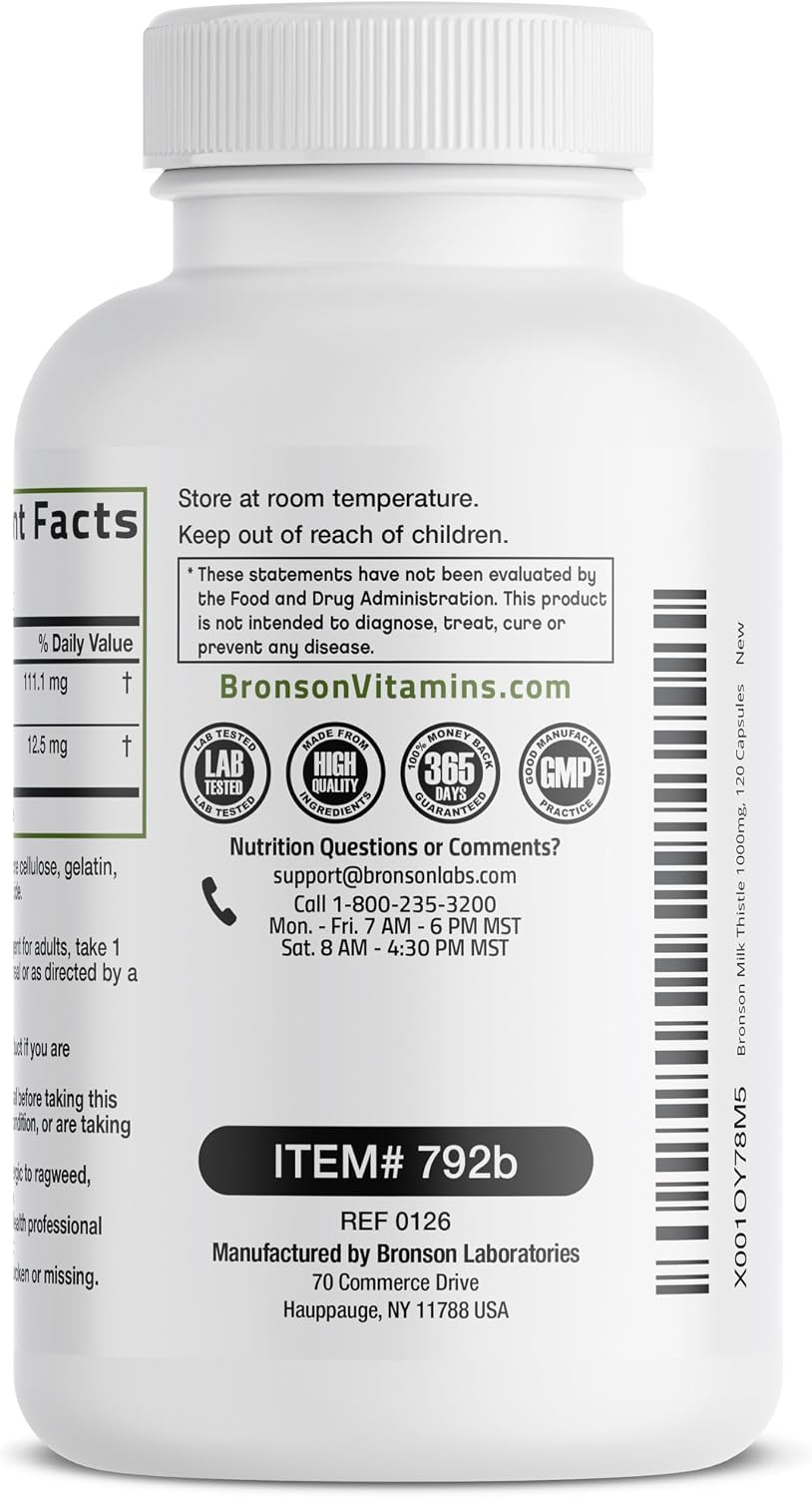 Bronson Milk Thistle Silymarin Marianum & Dandelion Extract Liver Health Support, Antioxidant Support, Detox, 120 Capsules