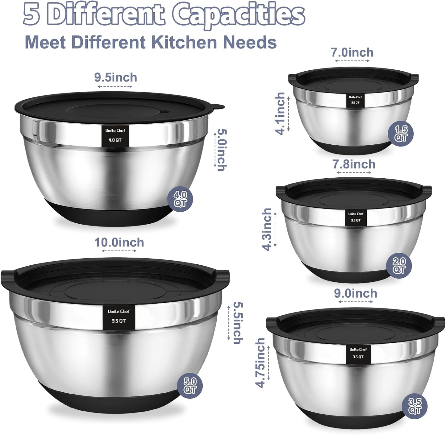 Umite Chef Mixing Bowls with Airtight Lids Set, 8PCS Stainless Steel Nesting Bowls Set, 3 Grater Attachments & Non-Slip Bottoms, Size 5, 4, 3.5, 2, 1.5QT for Baking & Mixing(Black)