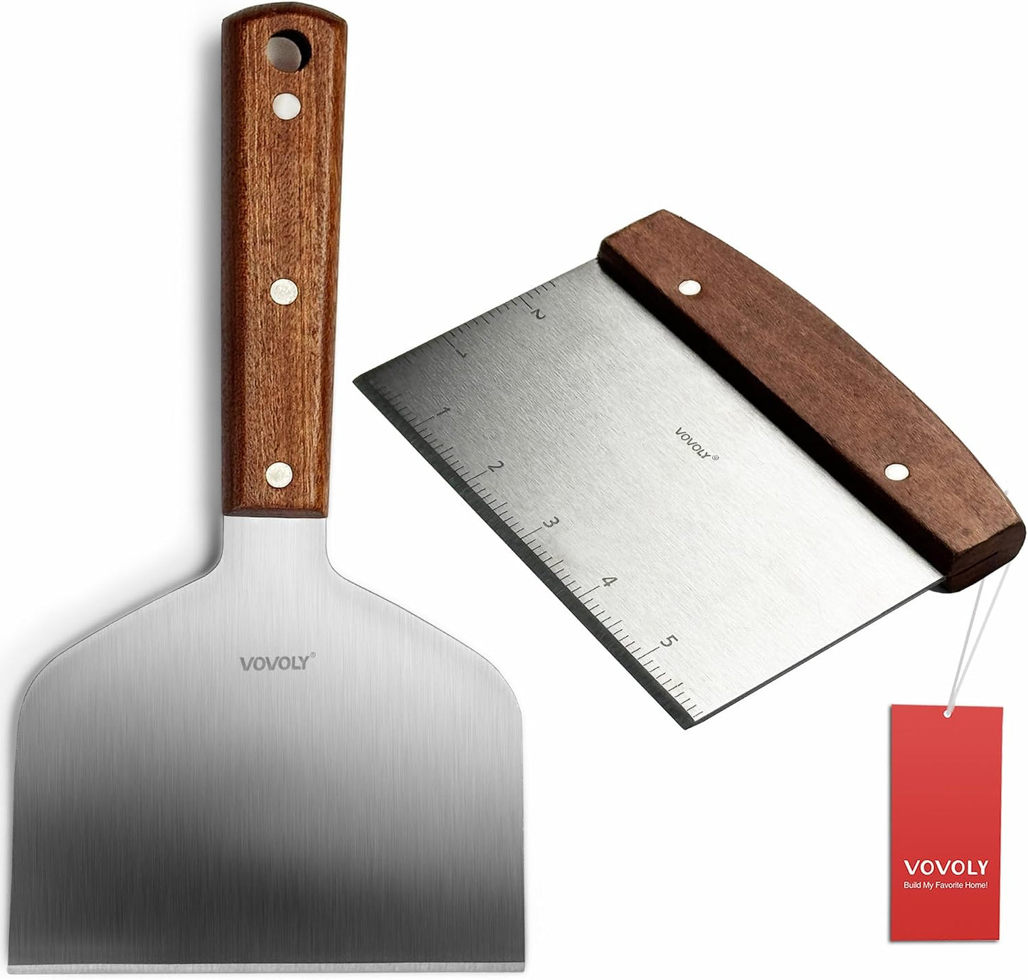 Vovoly Multipurpose Bench Scraper Kitchen Utensil for Flat Top Griddle, Dough Scraper Cutter for Bread and Pizza Cutter - Stainless Steel Metal Griddle Scraper Chopper
