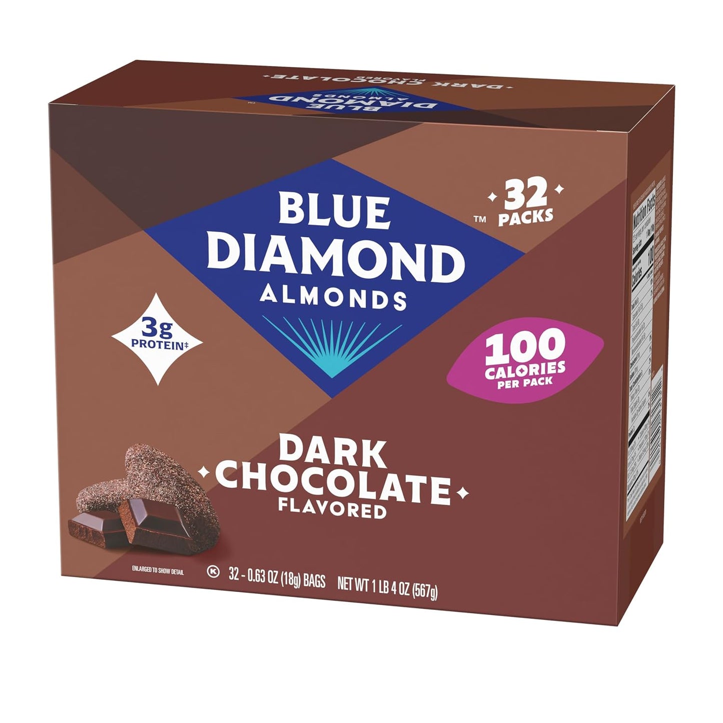 Blue Diamond Almonds Dark Chocolate Cocoa Dusted Snack Nuts, 100 Calorie Packs, 32 Count