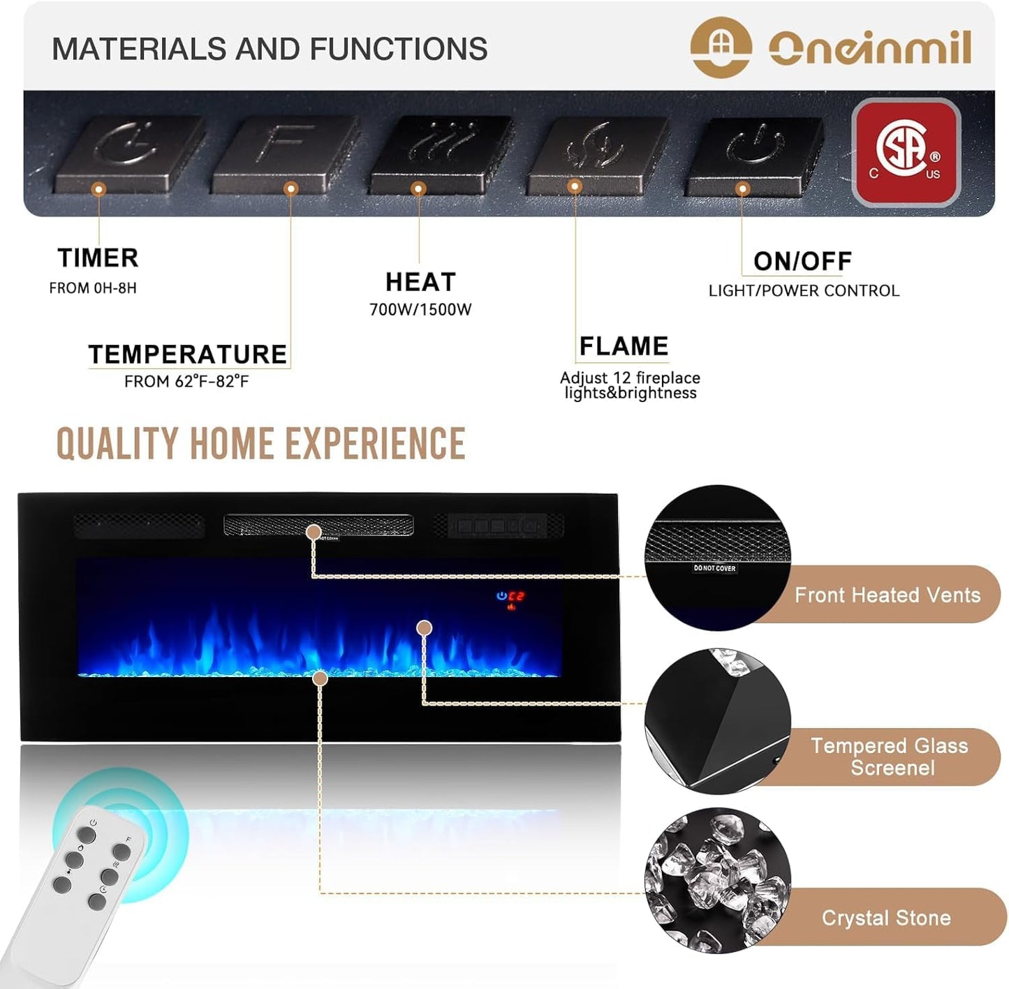 oneinmil 70" Fireplace TV Stand with Power Outlet for TVs Up to 80", Electric Fireplace Entertainment Center with LED Lights & Storage Cabinets, Media Console Table for Living Room, Black