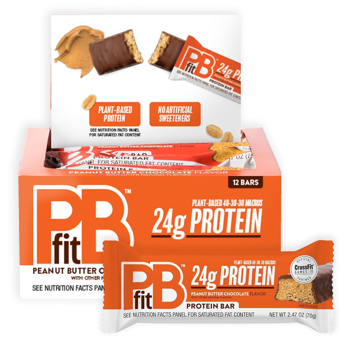 PBfit Peanut Butter Chocolate Protein Bars, 24g Protein, Gluten Free, Vegan, 40-30-30 Macros, 2.47 Oz, Pack of 12