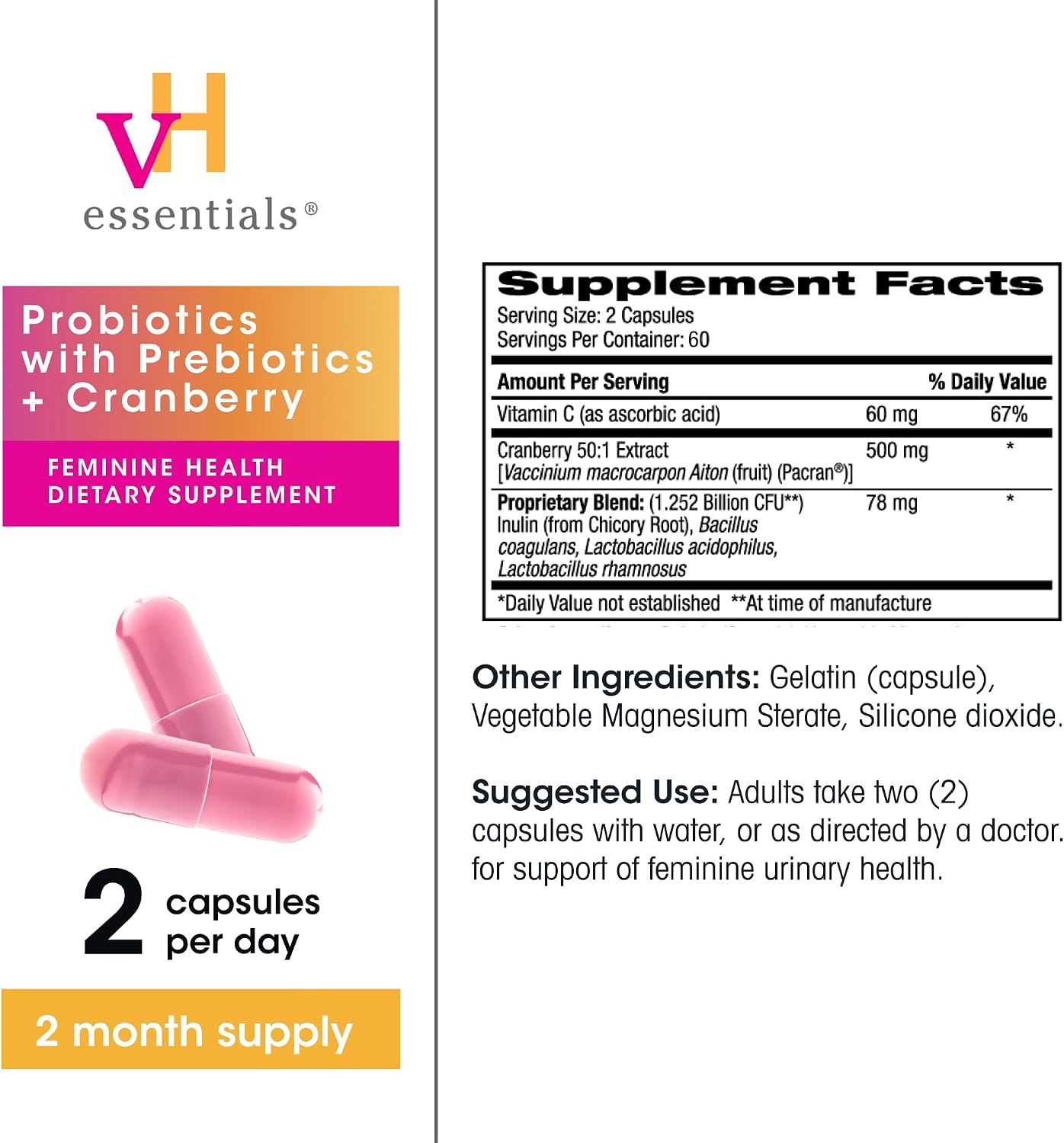 vH Essentials Probiotics for Women with Prebiotics, Cranberry & Vitamin C - 120 Capsules (60 Day Supply) -Probiotics Support Gut Balance, Health & Urinary Tract Health for Women