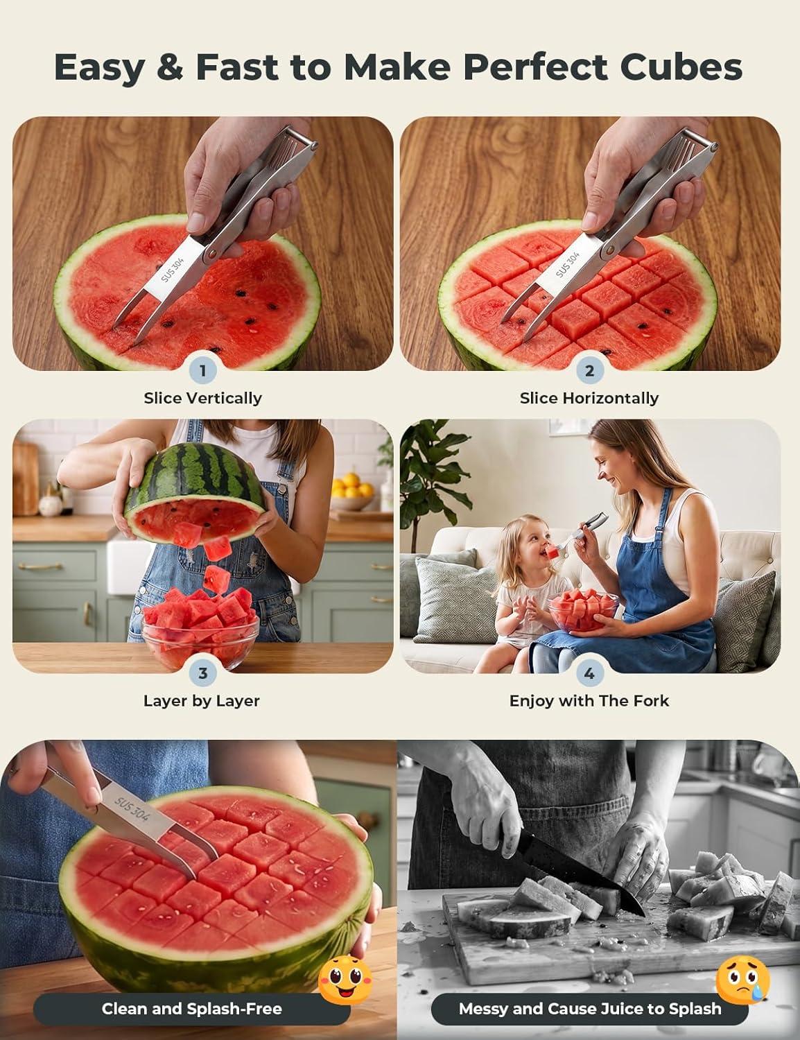 CripsTaste Watermelon Cutter Slicer Tool Stainless Steel Watermelon Fork | 2-in-1 Watermelon Fork Slicer Retractable Fork & Dual Blades for Easier Cutting, Fruit Cutter Slicer for Kitchen Gadget Party