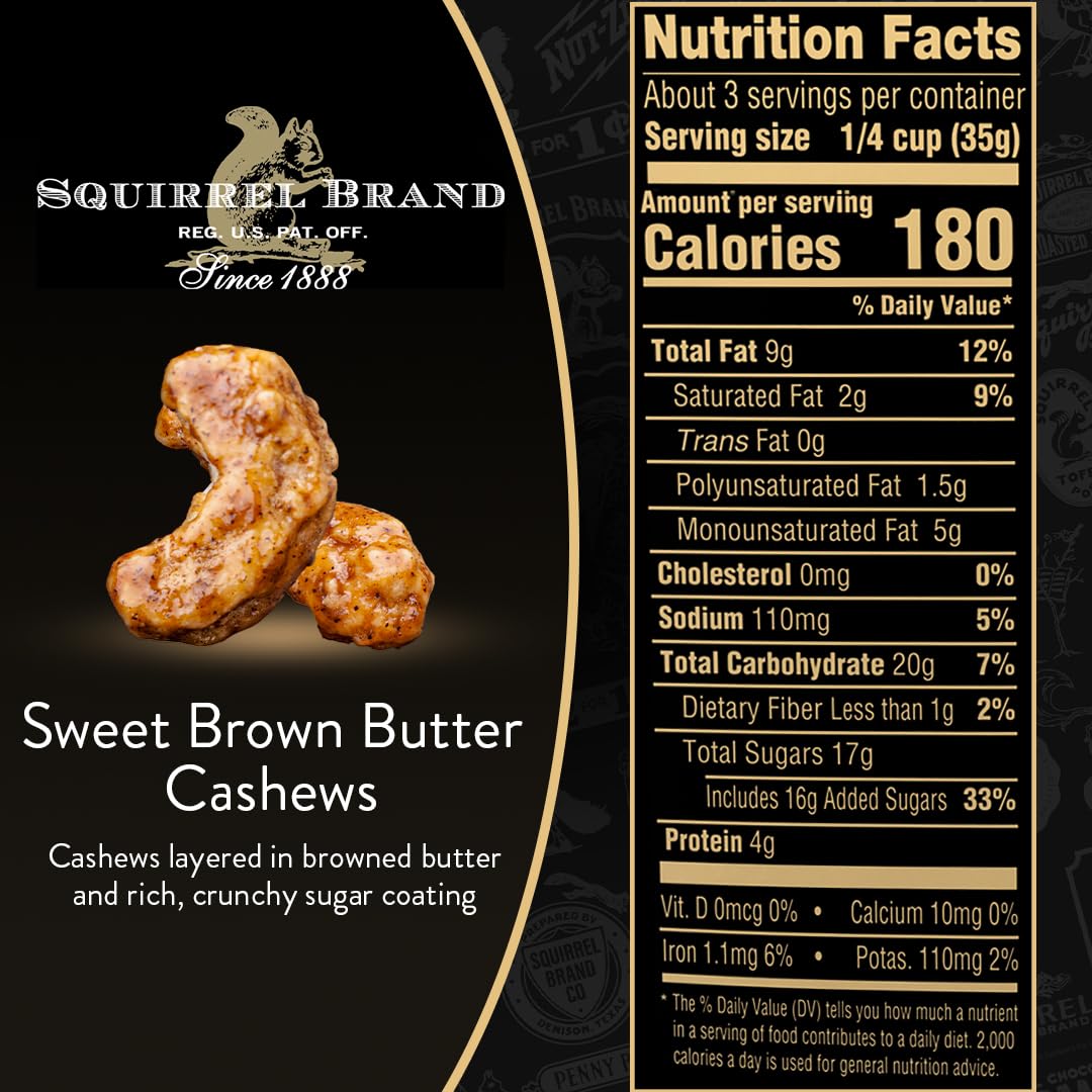 Squirrel Brand Sweet Brown Butter Cashews 3.5 oz Resealable Gluten Free Gourmet Nuts Snack