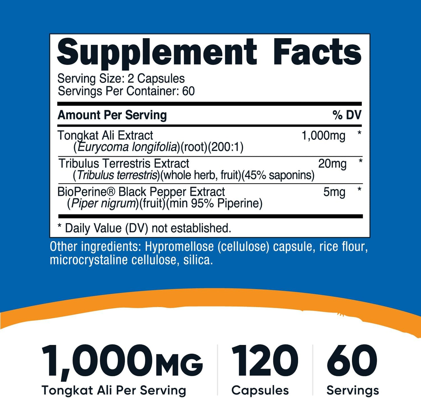 Nutricost Tongkat Ali 1,000mg 120 Capsules - with Tribulus Terrestris and BioPerine, Vegetarian Caps, Non-GMO, Gluten Free, Potent Extract