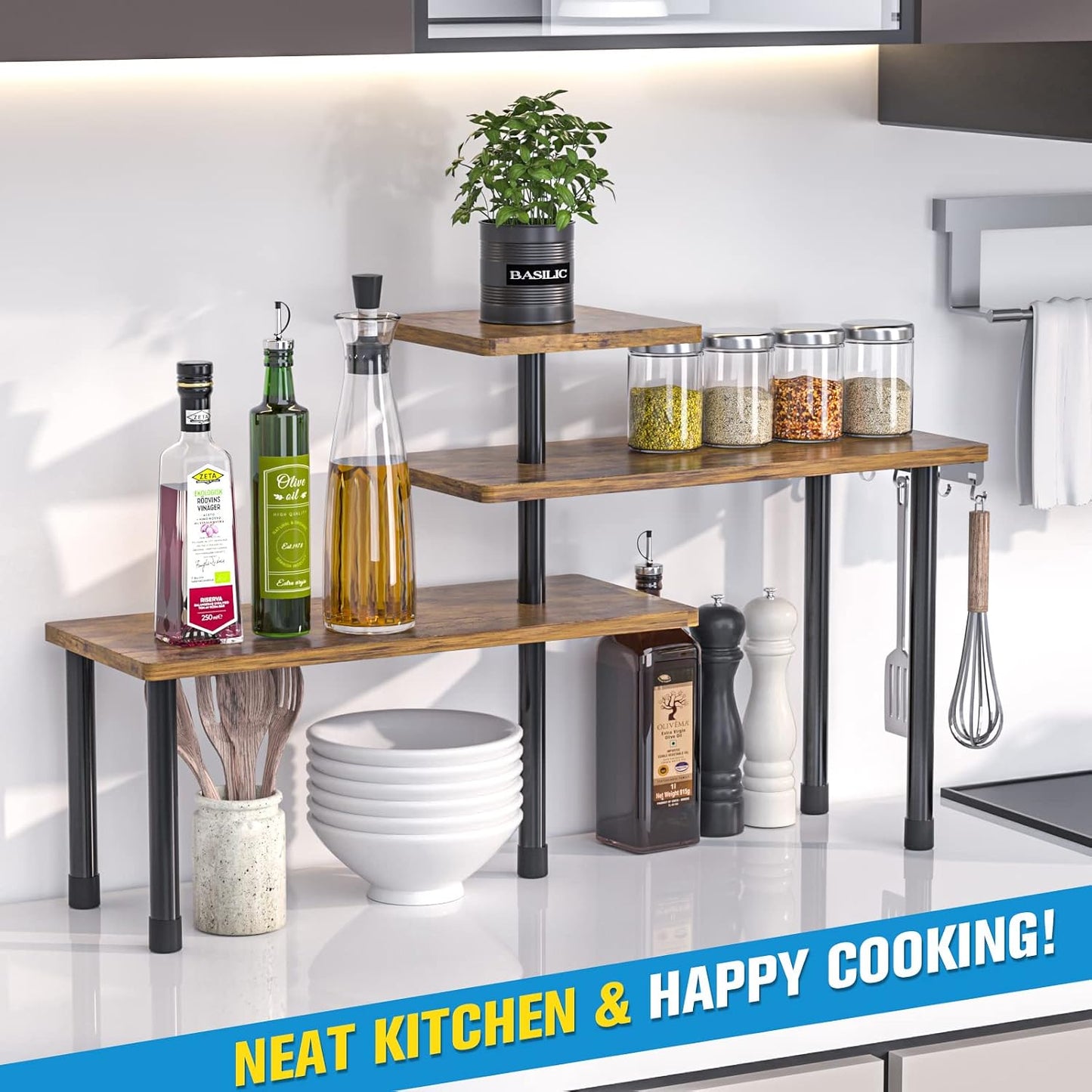 JayRex Kitchen Countertop Organizer 3-Tier Corner Shelf, Rustic Brown | Space-saving corner design organizes spices, skincare and toiletries on kitchen and bathroom counters.