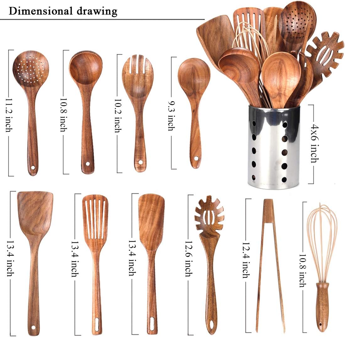 AIUHI 11-Piece Natural Teak Wood Kitchen Utensil Set with Holder, Wooden Spoons and Cooking Utensils for Nonstick Cookware, Includes Spatulas, Ladle and Whisk