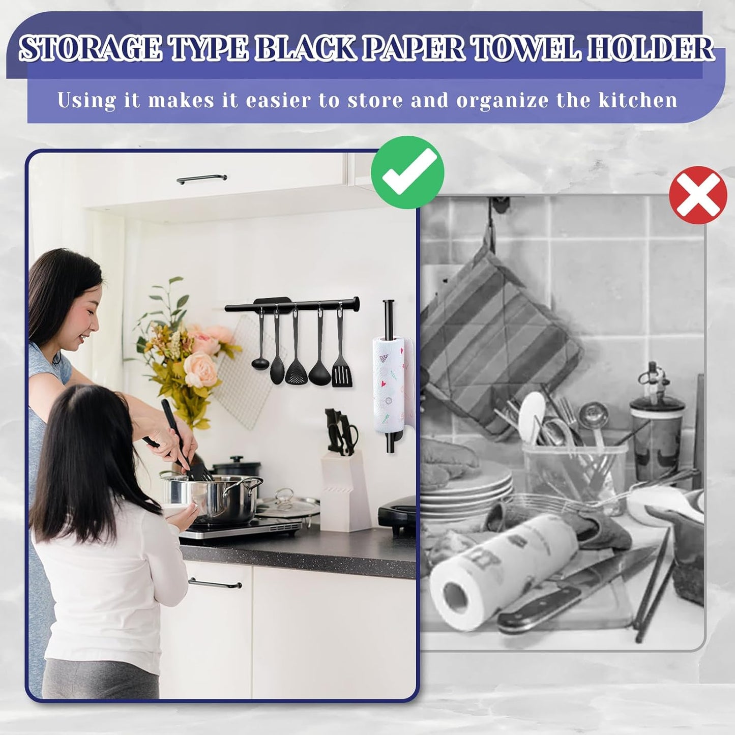 Paper Towel Holder, Self Adhesive or Drilling Paper Towel Holder Under Cabinet, Stainless Steel Black Paper Towel Holders Wall Mount for Kitchen, Bathroom, Sink, Pantry, Fridge