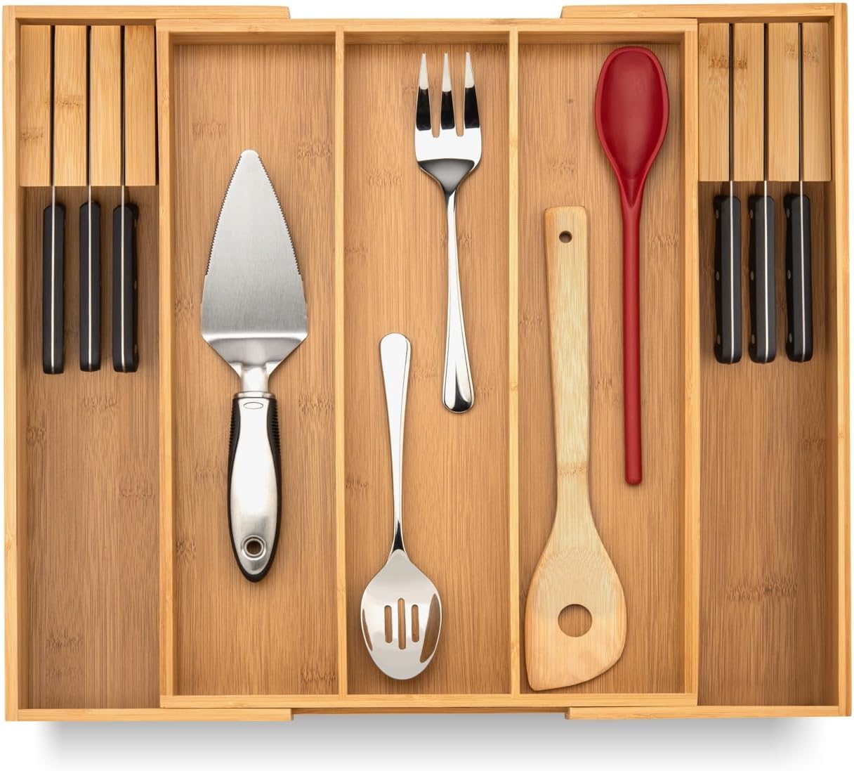Purawood Kitchen Drawer Organizer - Expandable Utensil Drawer Organizer for Kitchen, Cutlery Tray & Silverware Organizer, 3-5 Slots - Bamboo Organizer for Utensils & Flatware (Natural)