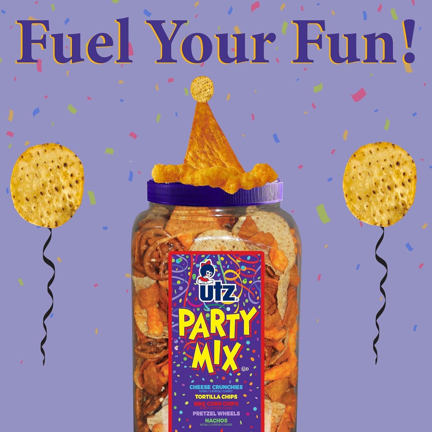 Utz Party Mix snack mix includes corn tortillas, pretzels, and cheese curls, 1.62 pounds, resealable container