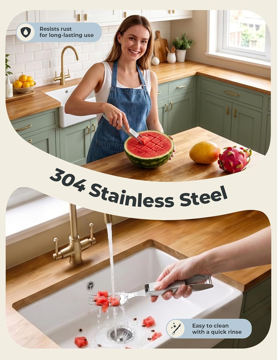 CripsTaste Watermelon Cutter Slicer Tool Stainless Steel Watermelon Fork | 2-in-1 Watermelon Fork Slicer Retractable Fork & Dual Blades for Easier Cutting, Fruit Cutter Slicer for Kitchen Gadget Party