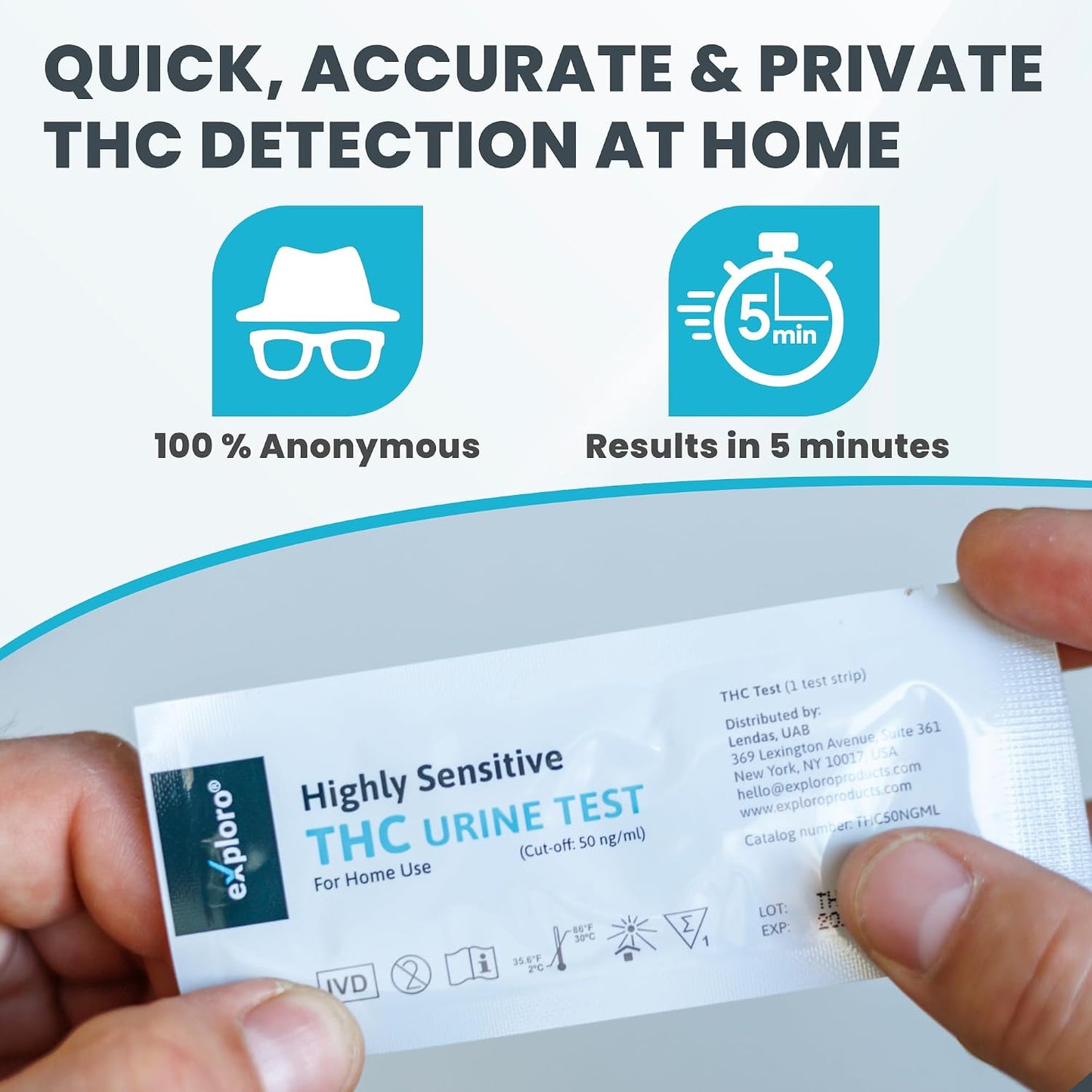 Exploro THC Tests for Home Use, Marijuana Drug Test Kit for Urine, 15 Pack, 50 ng/ml Cutoff Level