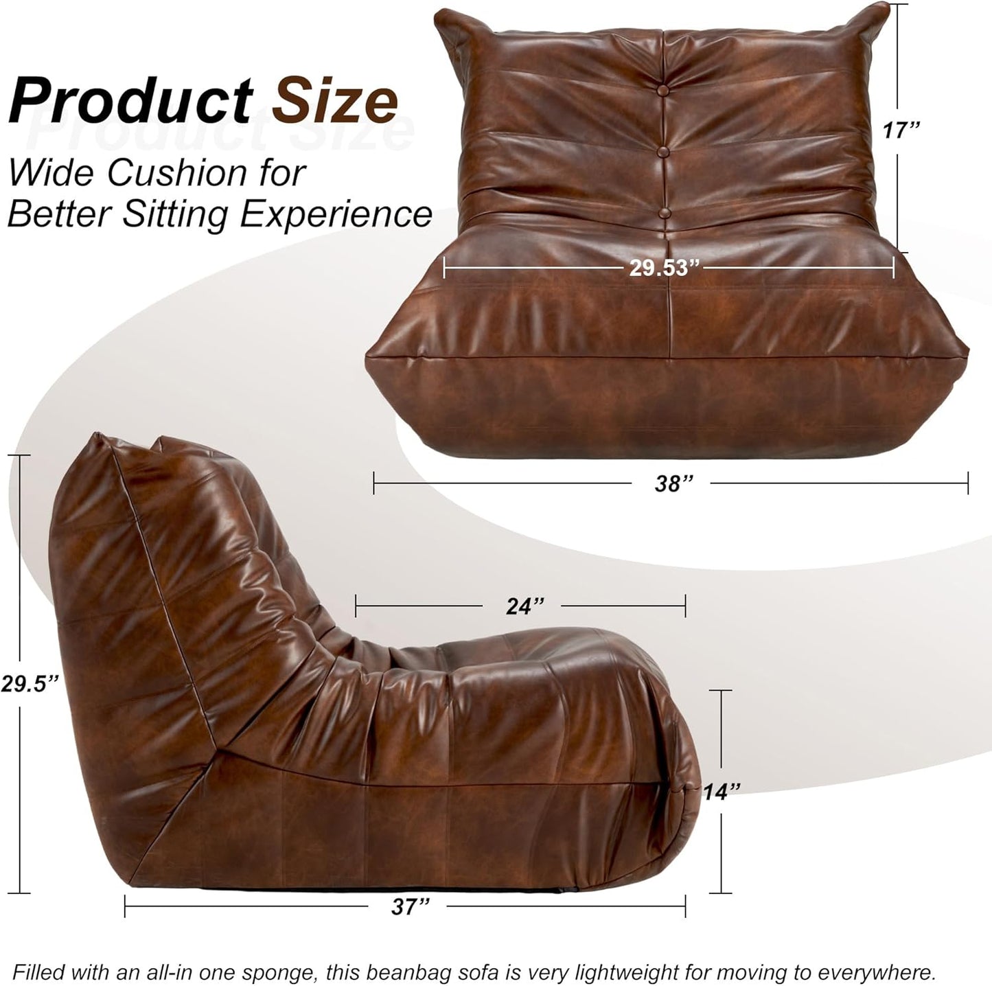 Hobestluk Giant Bean Bag Chair Lazy Floor Sofa, Memory Foam Fireside Sofa for Adults, Big Beanbag Faux Leather Armless Chair for Living Room Bedroom Dorm Office (Brown, Single)