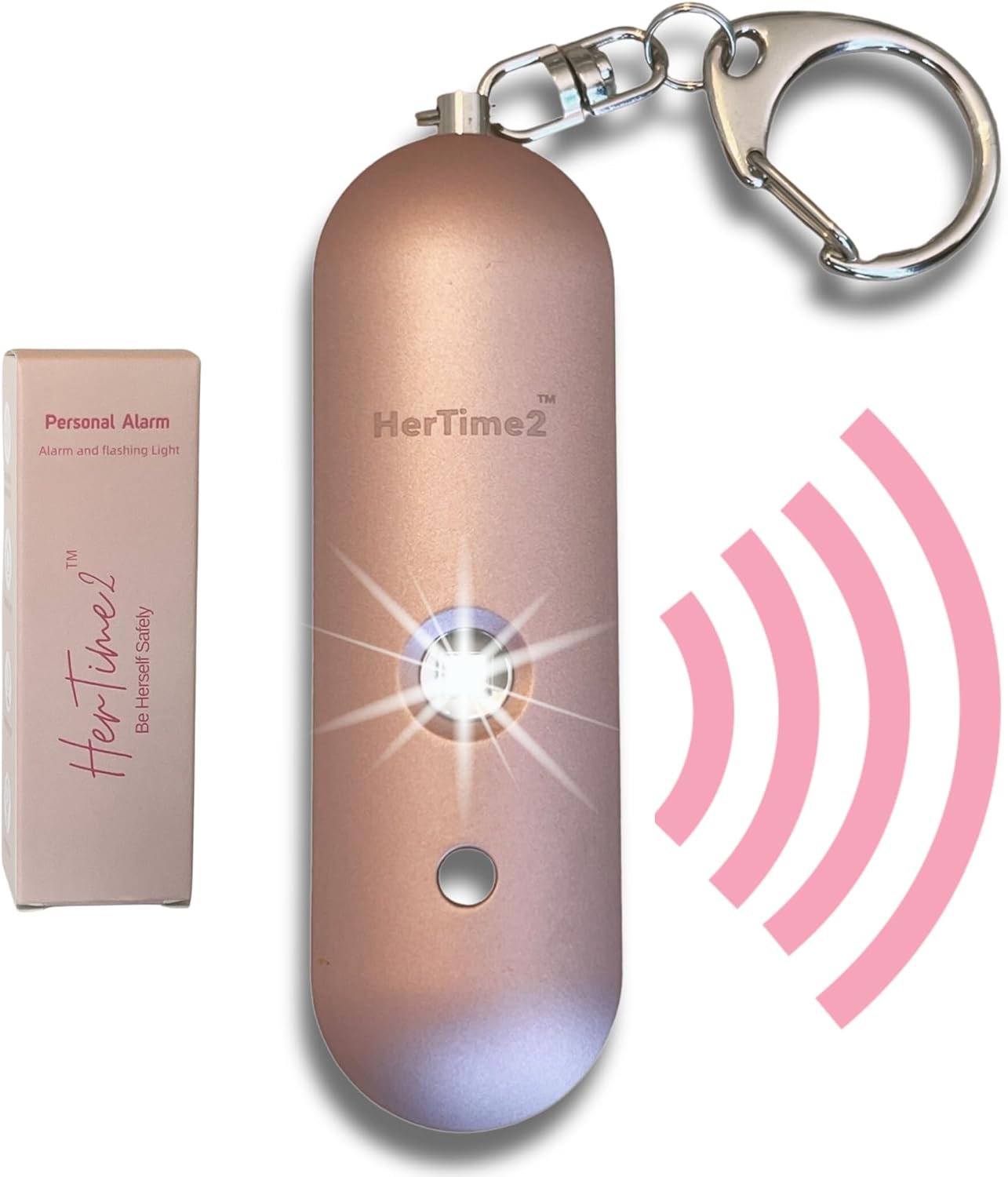 Personal Safety Alarm – Travel Safe Waterproof – Gift for Women College Girls – Self Defense Keychain – Extra Loud Siren – Strobe Light – Cute Key Chains Protection (Rose Gold)
