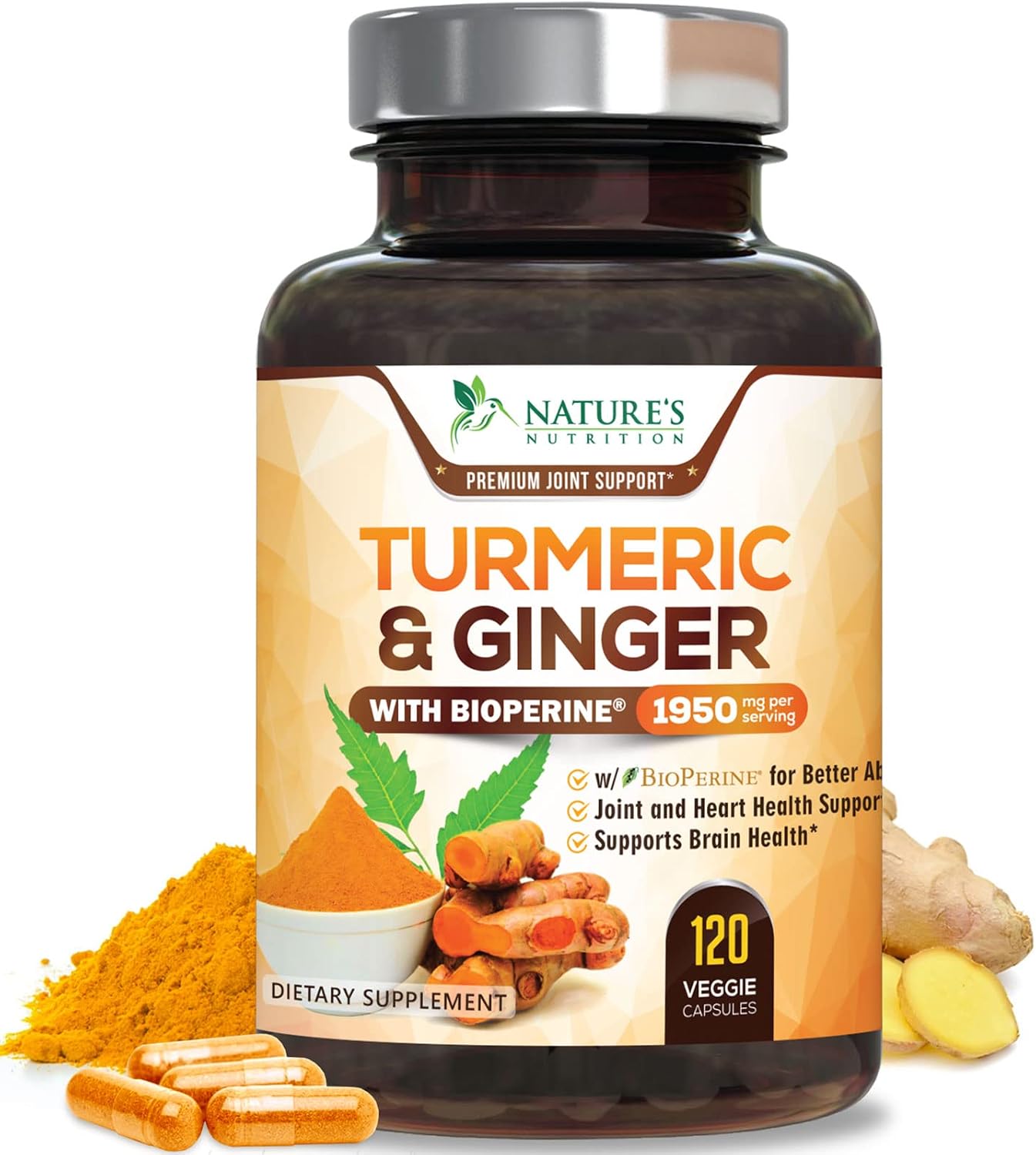 Turmeric Curcumin Supplement - 95% Curcuminoids with Organic Turmeric & Ginger, BioPerine Black Pepper Extract for Best Absorption, Natural Vegan Joint Support, Non-GMO, Bottled in USA - 240 Capsules