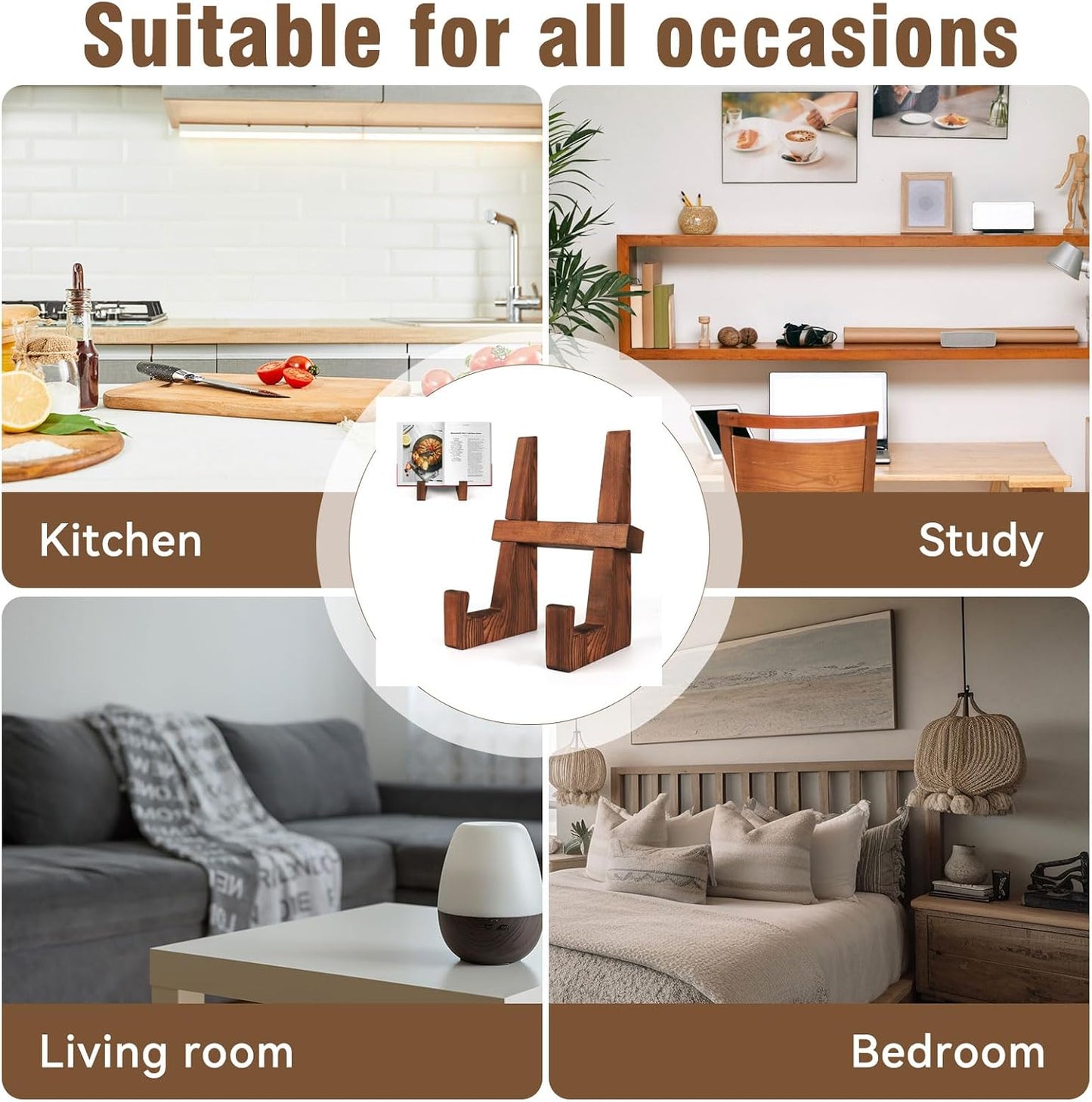 DEBETOOL 8.8" Wooden Cookbook Stand for Kitchen Counter, Rustic Brown | Multifunctional Recipe Book Holder & Tablet Stand for Desktop Reading