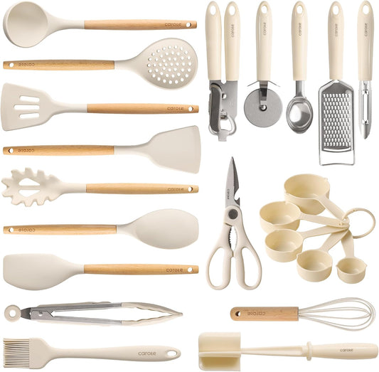CAROTE 22-Piece Cooking Utensils Set with Wood Cool-Touch Handles, Cream | Silicone Kitchen Utensil, Food Grade, Nonstick Cookware Friendly, BPA-Free, Heat-Resistant, Everyday Home Essentials, Gifts