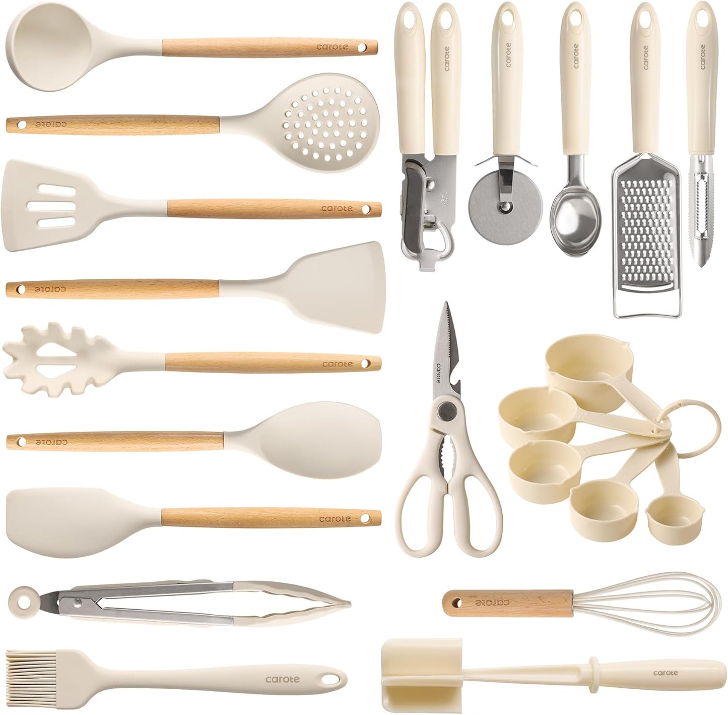 CAROTE 10-Piece Kitchen Utensils Set with Wood Cool-Touch Handles, Cream | Silicone Cooking Utensil, Food Grade, Nonstick Cookware Friendly, BPA-Free, Heat-Resistant, Everyday Home Essentials, Gifts