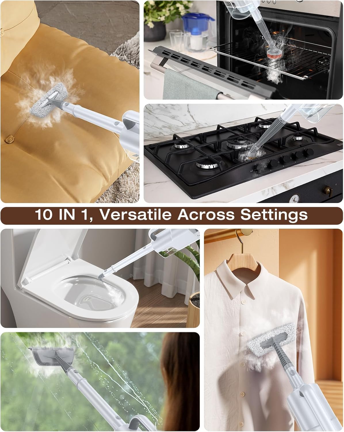 10-in-1 Steam Mop, Detachable Handheld Steam Cleaner for Multi-Surface | 350ml Tank,10s Heat-Up,248°F Steam Cleaner,2-Level Control,Swivel Head for Carpet,Floor,Tiles,BBQ grill,Car Accessories