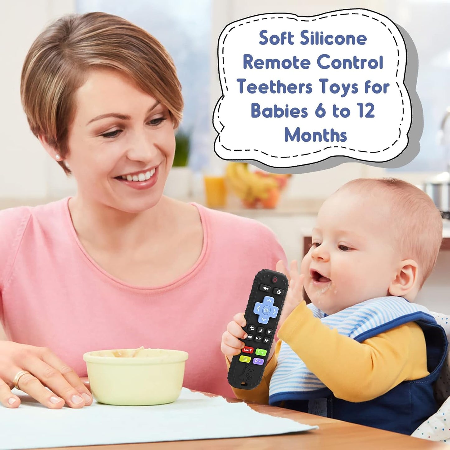 Teething Relief Teethers Toys for Babies 3-6-12 Months Gifts, Food Grade Silicone Sensory Baby Remote Control Teether Bath Toy for Newborn Infant Boy Girl Autism Birthday Gift, Black