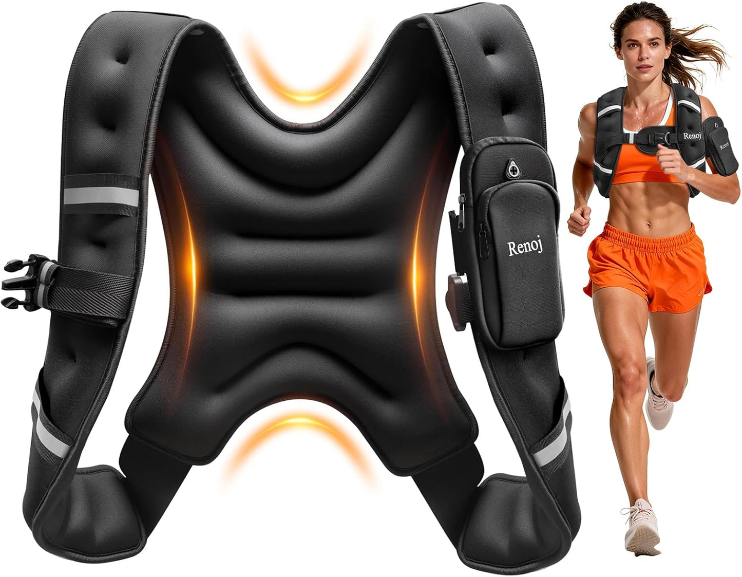 Renoj Weighted Vest for Fitness: 6lb-20lb Fixed Weights, Reflective Strips, Storage Pocket