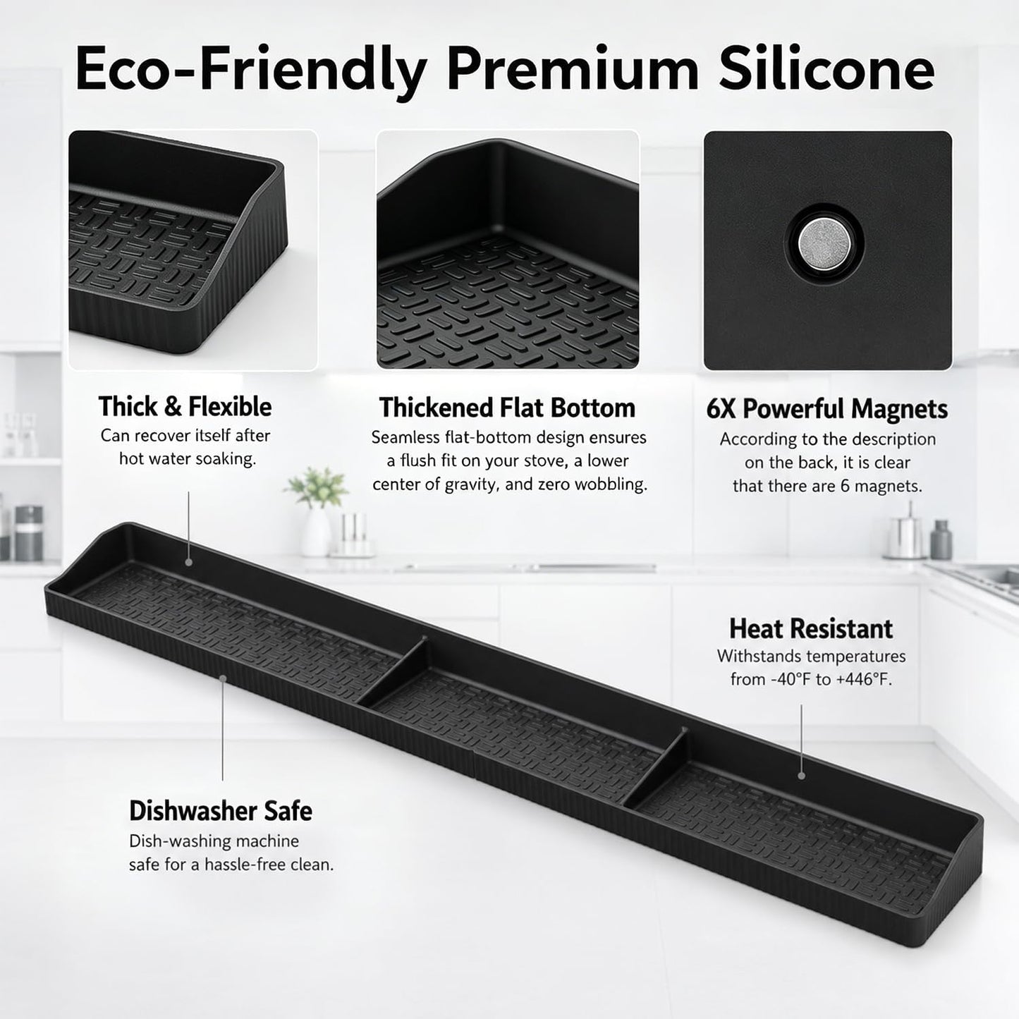 30" Magnetic Stove Top Shelf, Silicone Over the Stove Spice Rack Organizer | Heat Resistant Silicone, Anti-Rattle No-Scratch Range Shelf, 3 Functional Partitions Kitchen Storage for Spices