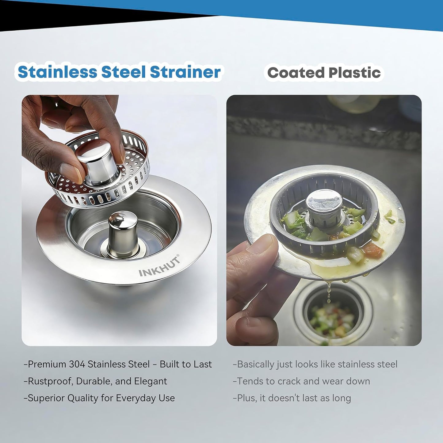 Upgraded 3 in 1 Kitchen Sink Drain Strainer - Stainless Steel Sink Stopper, Anti-Clogging Sink Food Catcher Basket, Fast Drainage Odor Filter Sink Plug for US Standard 3 1/2 inch Drain (Silver-1Pack)
