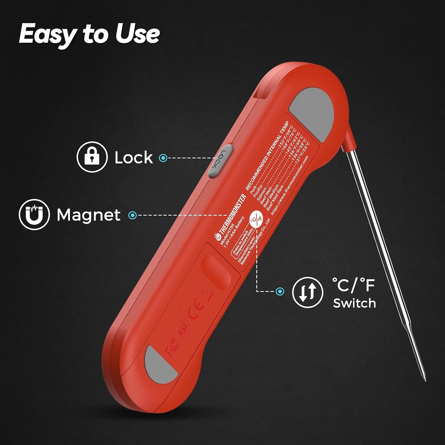 0.5 Sec Instant Read Meat Thermometer Digital with ±0.5℉ Precision, Food Thermometer for Cooking Kitchen Gadgets, Oven Grill Candy BBQ Essentials Accessories, Gifts for Him Dad Men Birthday, Red