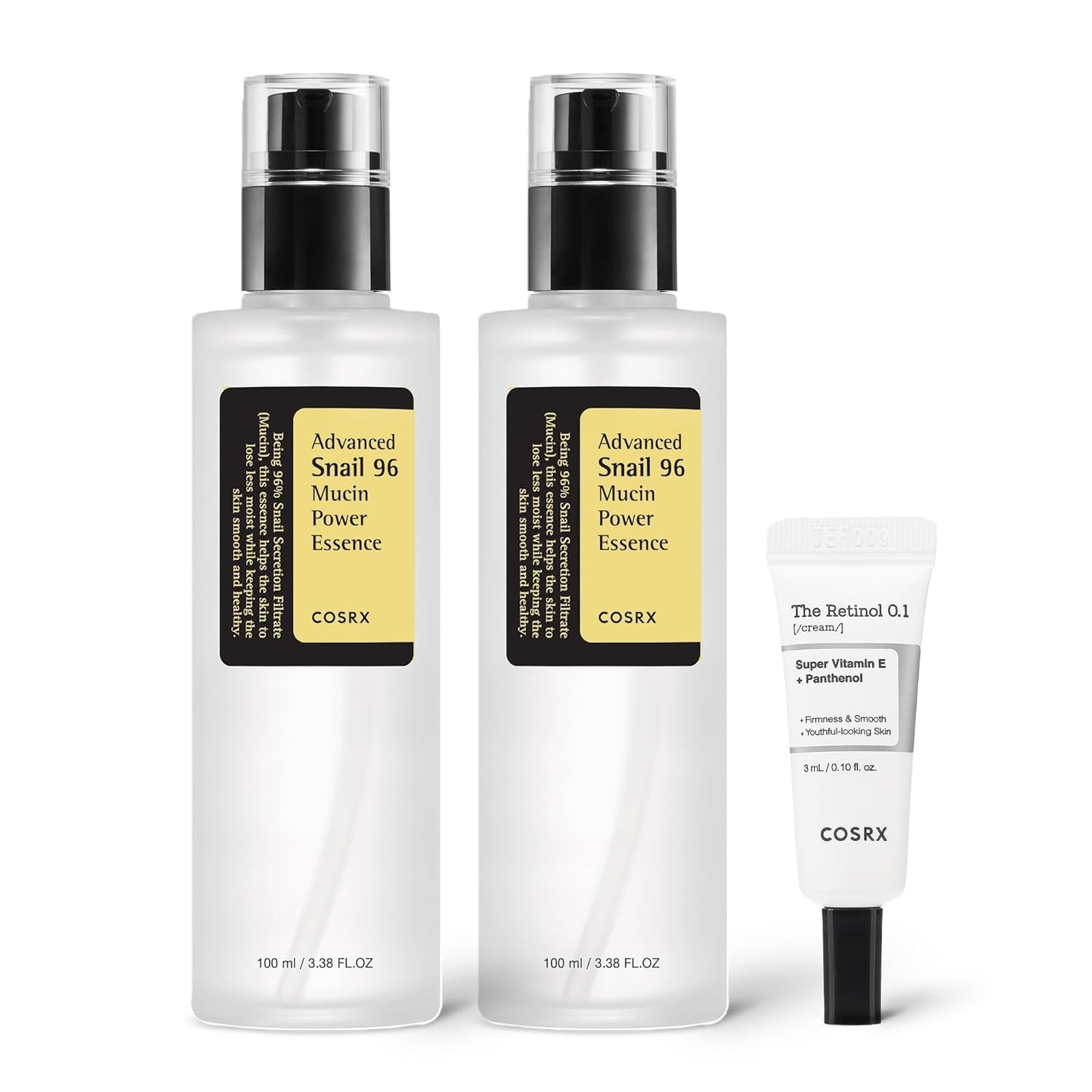COSRX Snail 96% Mucin Power Essence 2ea & Retinol 0.1% Cream Mini Sample 1ea, Glass Skin Starter Set, Amazon Exclusive, Daily Hydrating & Firming Korean Skin Care Kit, Gift Set