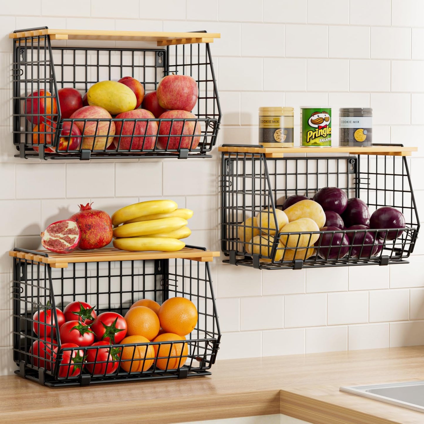 Hanging Fruit Basket for Kitchen, 3 Pack Vegetable Produce Basket | Wall Mounted & Countertop Wire Storage Basket for Potato Onion Fruits Vegetables, Pantry Organizers Storage