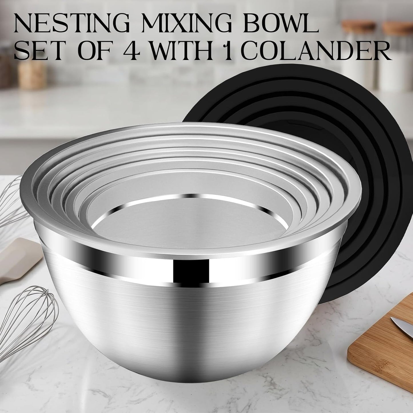 DUTZUN Mixing Bowls with Lids Set, Stainless Steel Mixing Bowls with Colander, Strainer with Mixing Bowl Set, Serving Bowl Kitchen Gift, Size 4.5, 2.5, 2, 1.5QT - Black