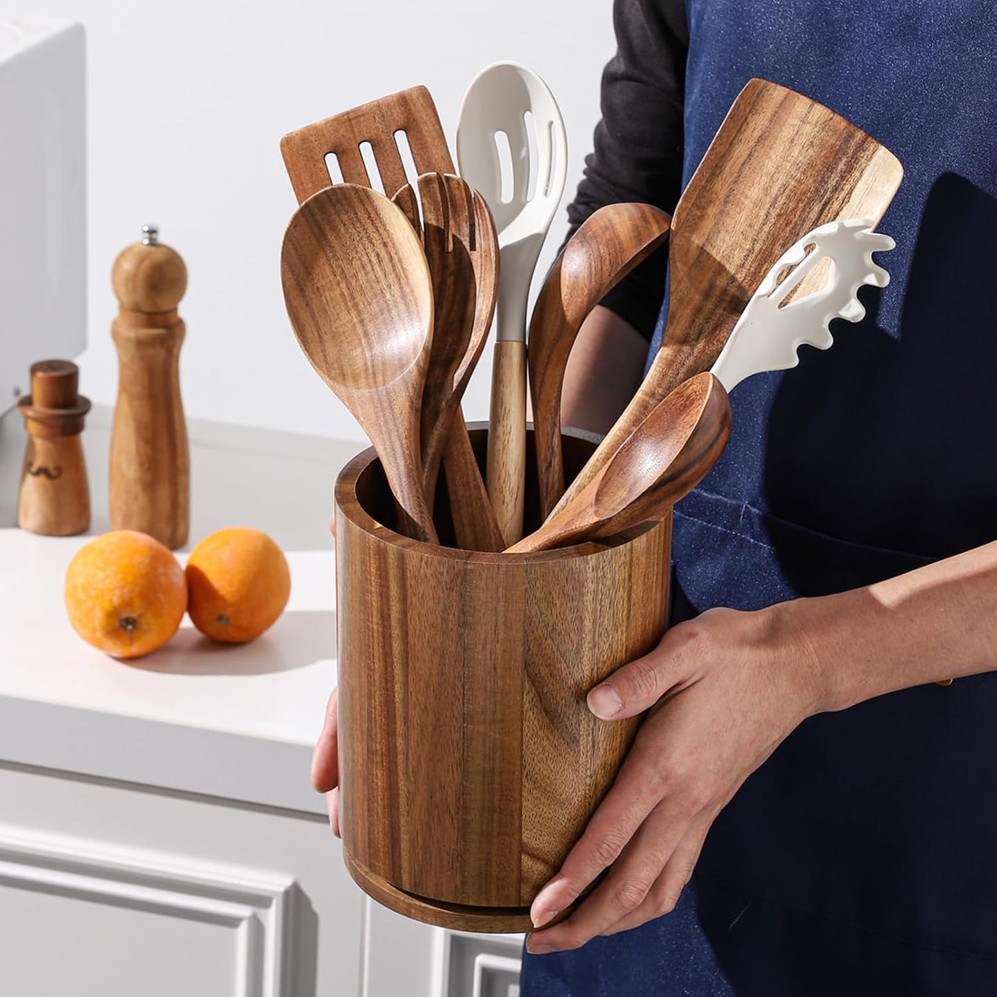 Acacia Wood Utensil Holder, 360° Rotating 7.3 in Kitchen Organizer | Rustic farmhouse countertop decor. Rotating base for easy access to spatulas, spoons, and cooking utensils. 7.3-inch capacity
