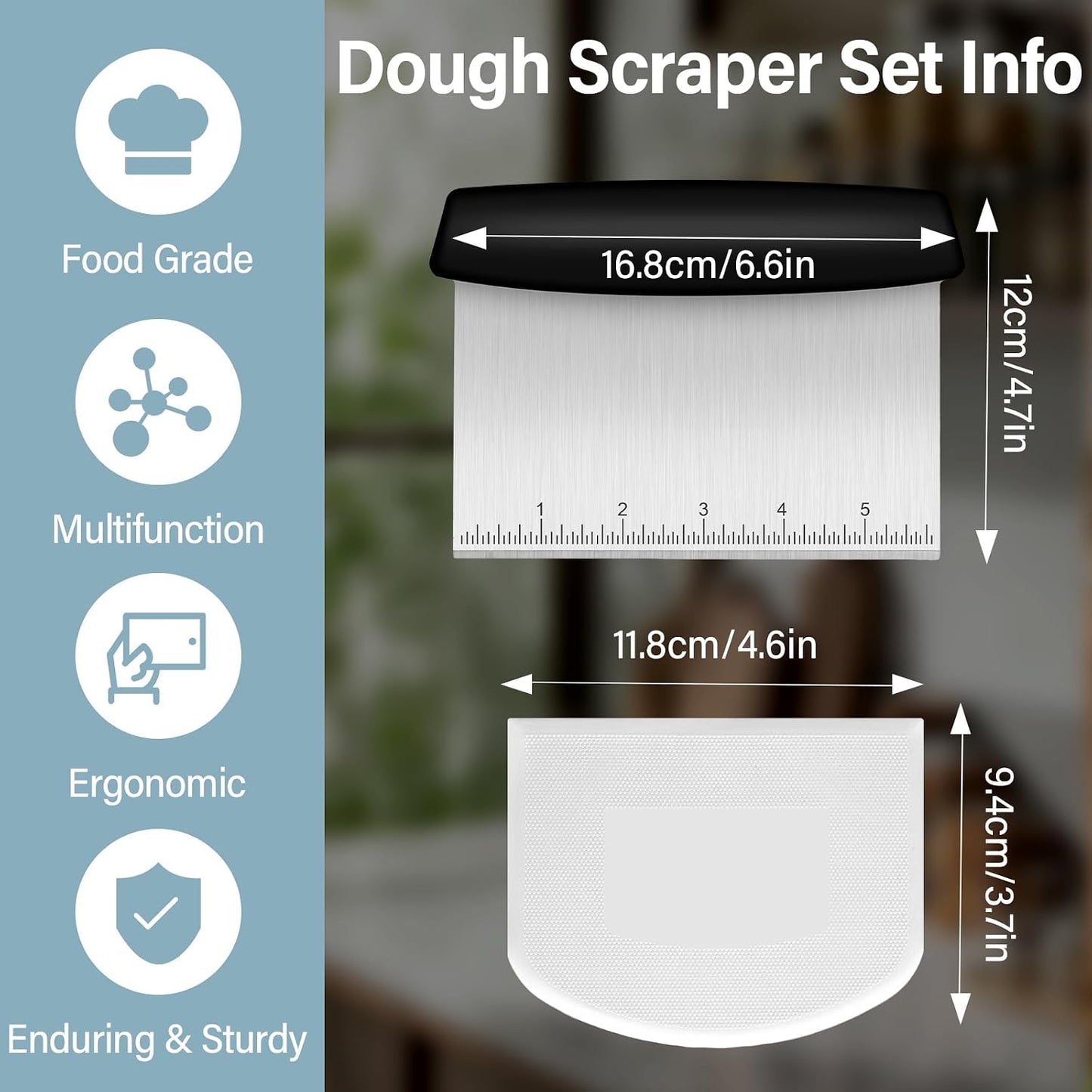 Ecavria Bench Scraper, Premium Stainless Steel Dough Scraper with 2 PCS Flexible Bowl Scraper, Dough Cutter with Measuring Scale, Versatile Kitchen Scraper Set for Pastry Bread Pizza Cake