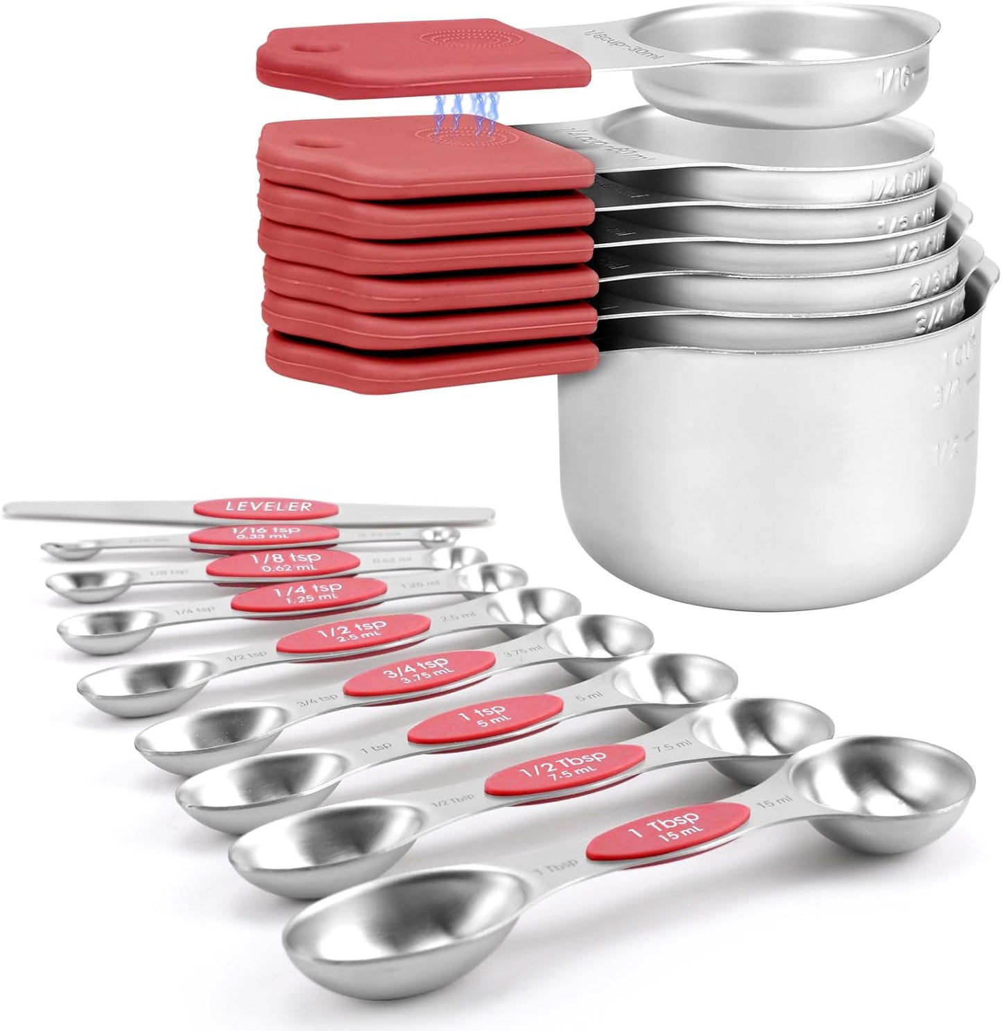 Magnetic Measuring Cups and Spoons Set-Heavy Duty 304 Stainless Steel，Double Measurement Markings，Set of 16 with Leveler for Measure Dry and Liquid Ingredients