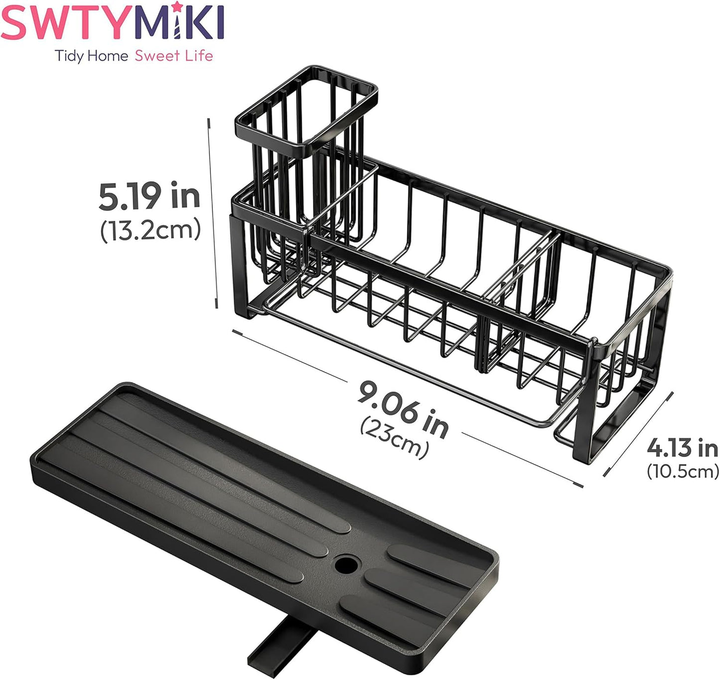 SWTYMIKI Sponge Holder for Kitchen Sink - Sink Caddy with Brush Holder Self-draining Sponge Caddy Organizer with Divider Stainless Steel Kitchen Accessories Storage for Countertop, Black