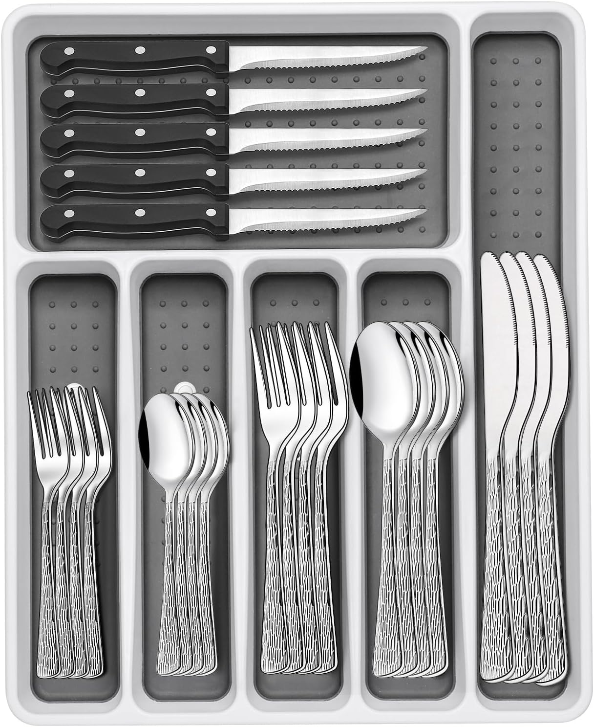 49-Piece Silverware Set with Organizer, Heavy Duty Stainless Steel Flatware Set for 8, Cutlery Utensil Sets with Steak Knives, Rust-proof, Mirror Polished, Dishwasher Safe, Heavy Duty