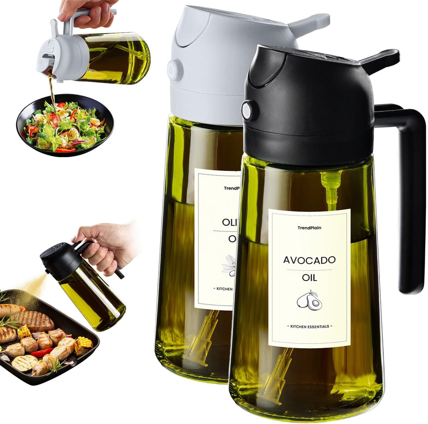 TrendPlain - Original 16oz/470ml Olive Oil Dispenser Bottle for Kitchen Gadgets and Air Fryer Accessories - Olive Oil Sprayer for Cooking w/Stickers - Black