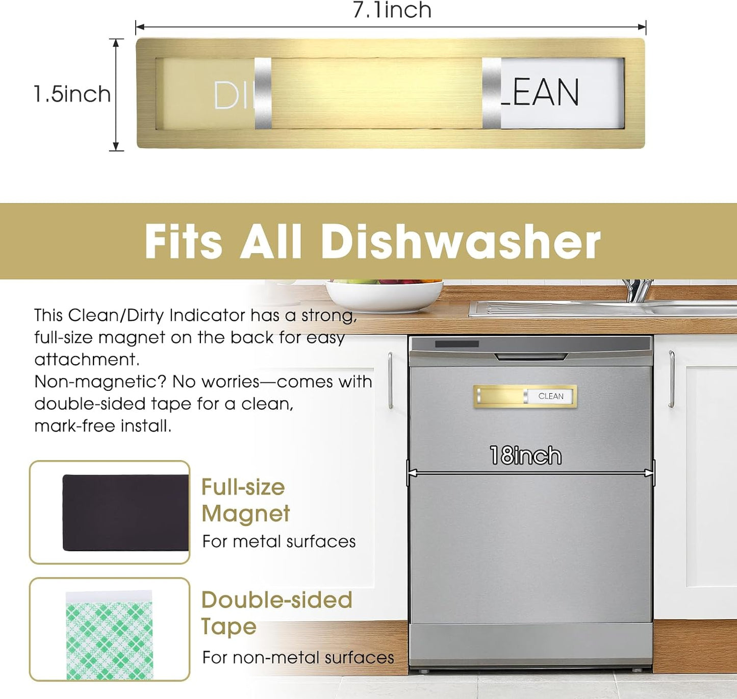 Clean Dirty Magnet for Dishwasher, Champagne Gold | Premium 304 Stainless Steel, Sleek Gold Finish Blends Seamlessly With Modern Appliances
