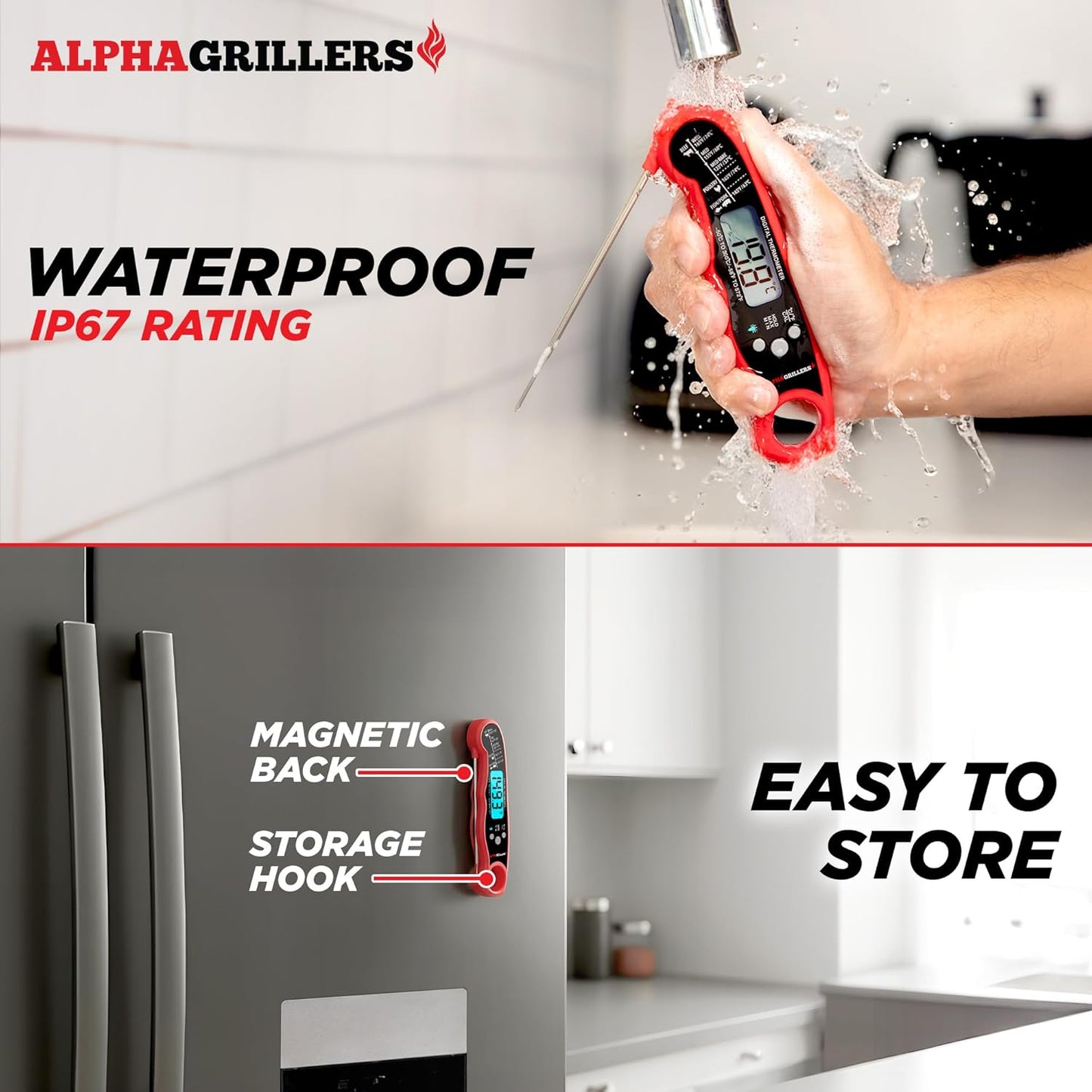 Alpha Grillers Instant Read Meat Thermometer Digital, Cooking, Food, Grill | 1-2 Second Ultra-Fast Response Time, Bright Backlit Display, Waterproof (IP67), Pre-Calibrated & Ready to Use